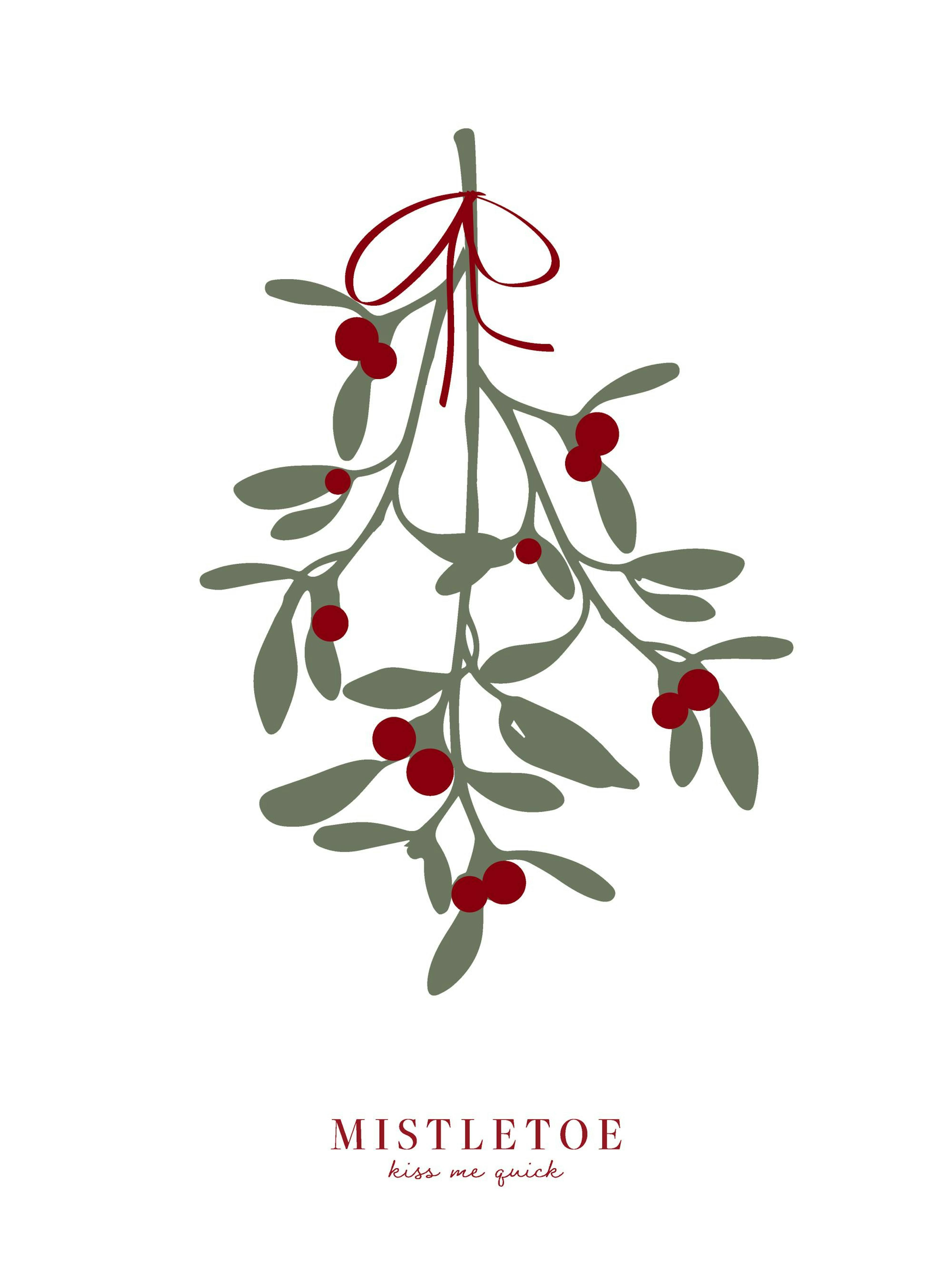 Mistletoe illustration print with green leaves, red berries, and Kiss Me Quick text on a white poster.