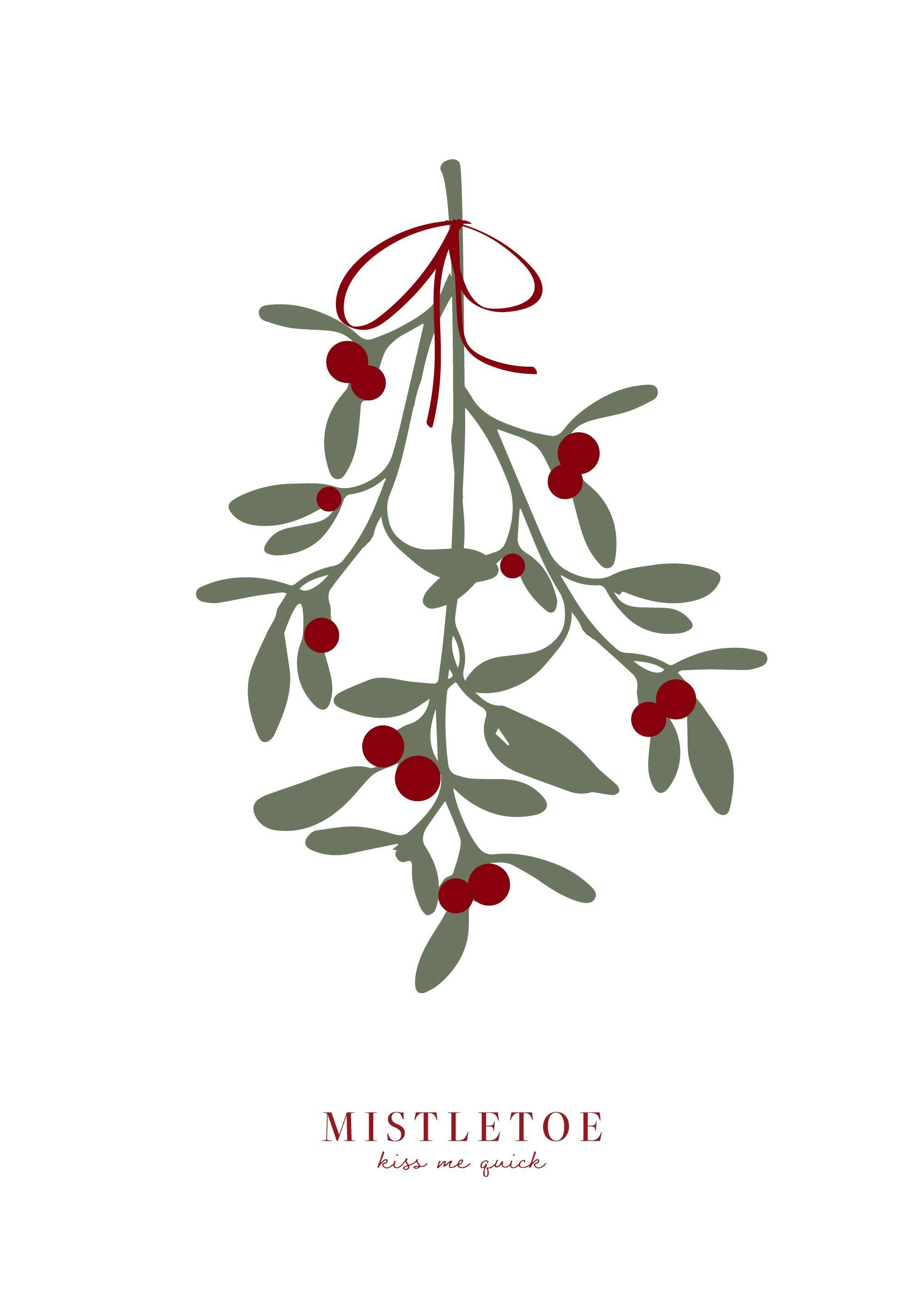 Mistletoe illustration print with green leaves, red berries, and Kiss Me Quick text on a white poster.