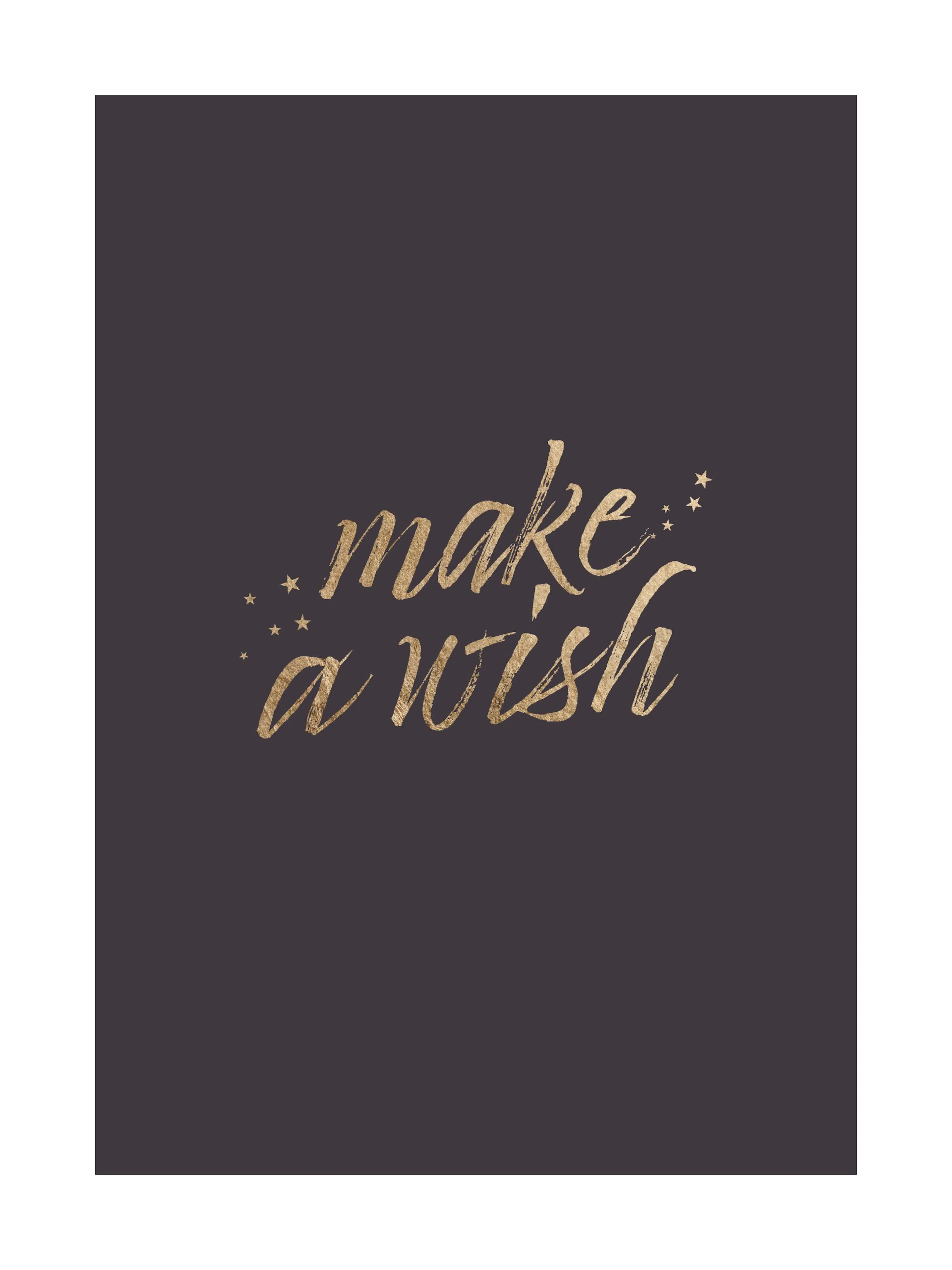 Poster Make a wish in Gold auf grauem Hintergrund mit kleinen goldenen Sternen, Weihnachtsposter
