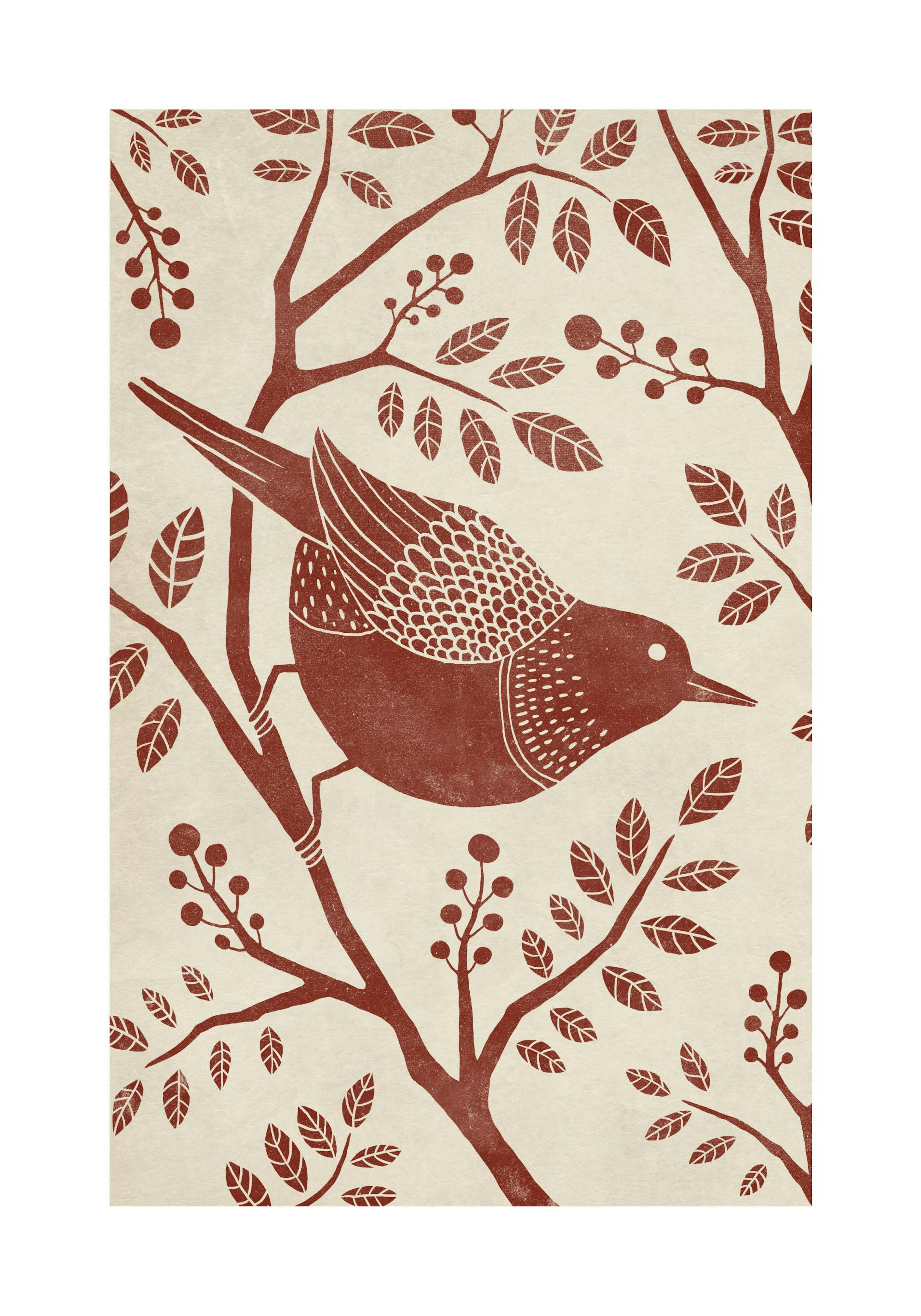 Póster vintage de pájaro, ilustración de pájaro rojo posado en ramas con hojas rojas sobre fondo beige.