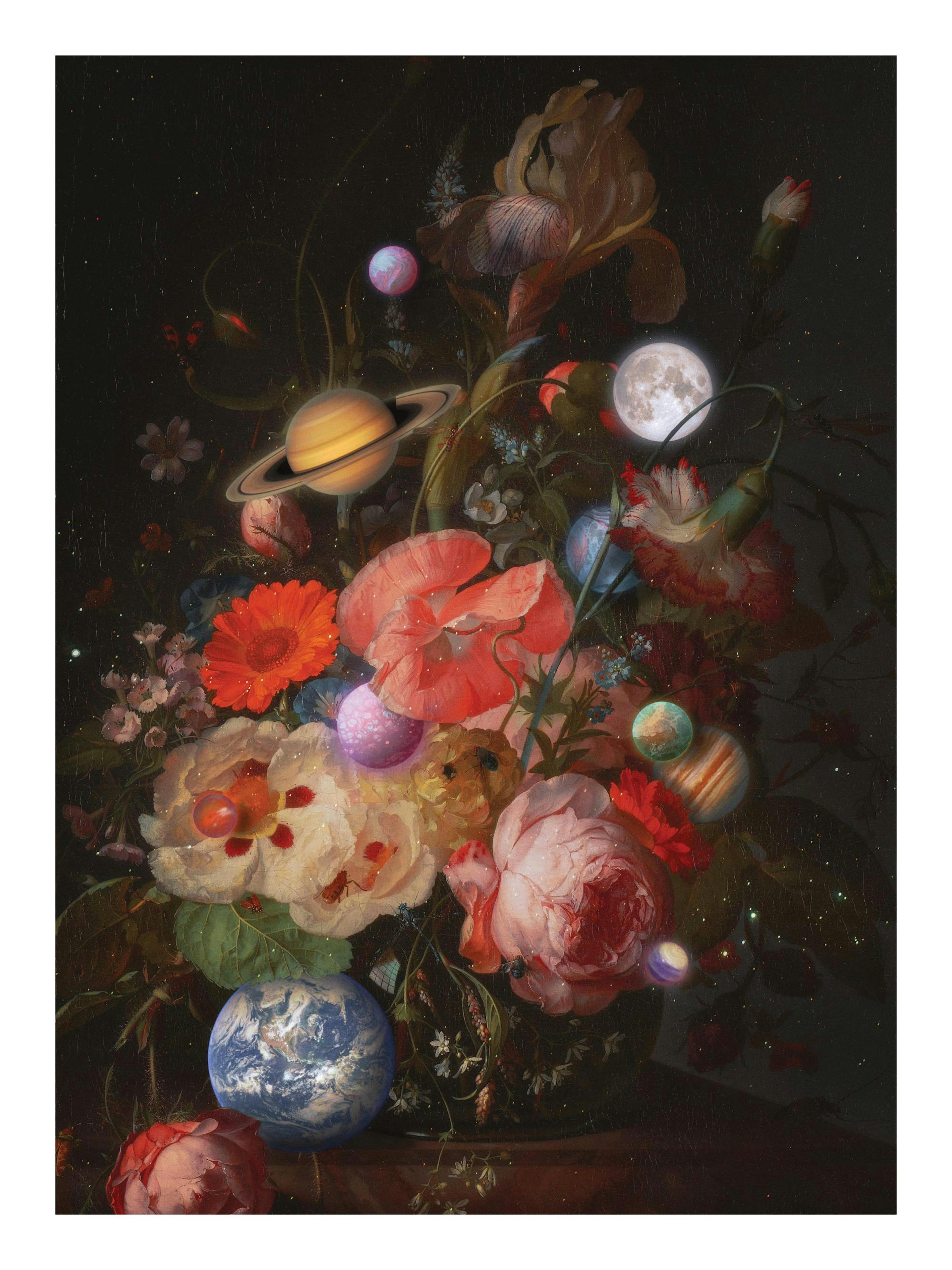Póster de ramo de flores y planetas flotando, estilo clásico holandés, fondo oscuro, arte cósmico.