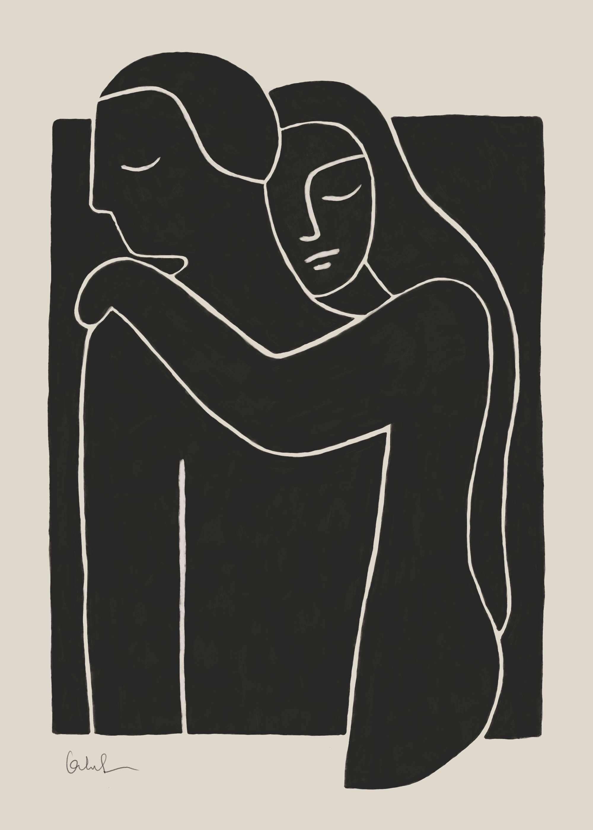 Affiche avec illustration de deux personnes enlacées en typographie blanche sur fond noir, sur un fond beige