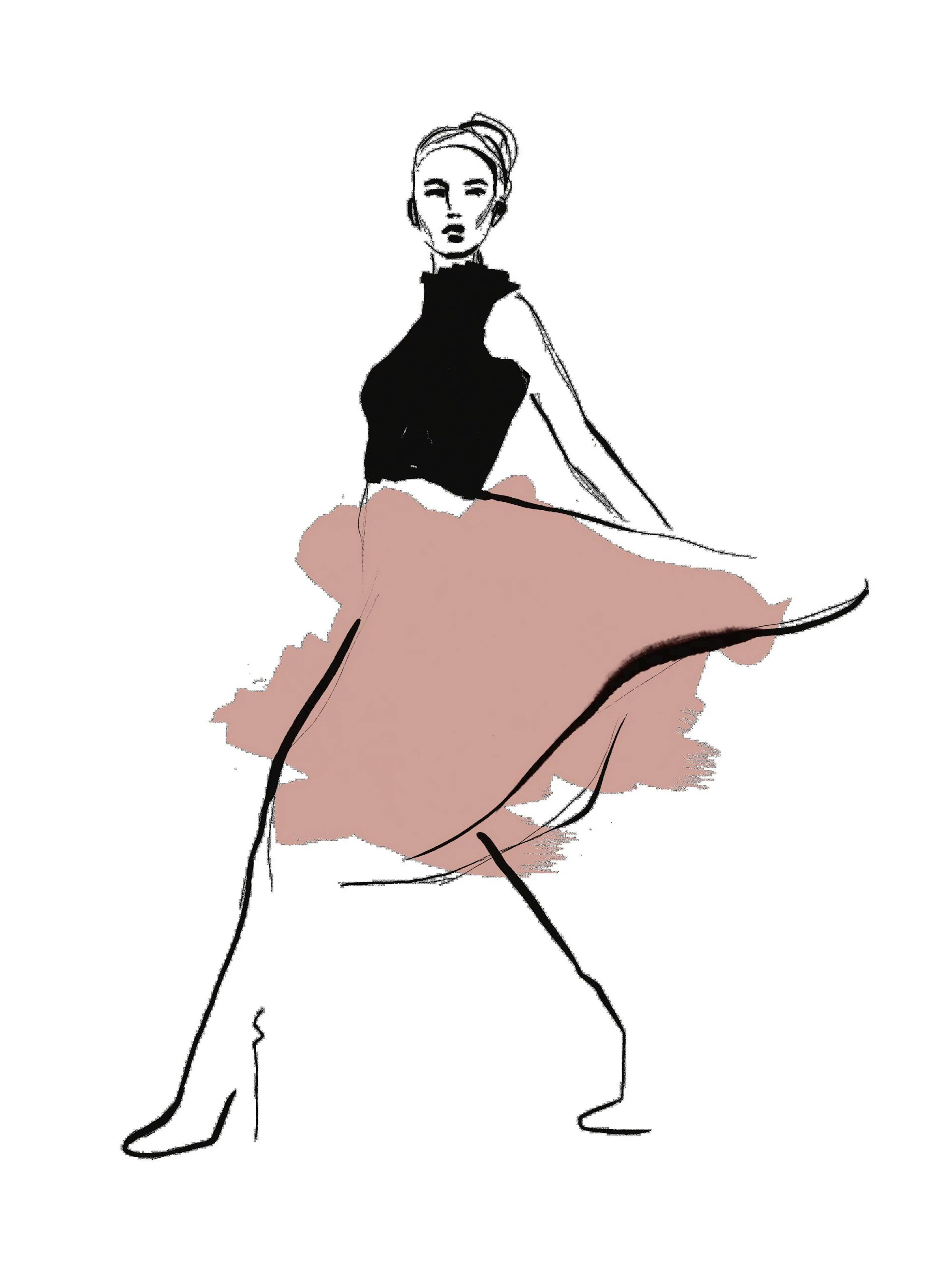 Ilustración de moda minimalista de mujer con body negro y falda rosa pastel, diseño elegante para decoración de pared.