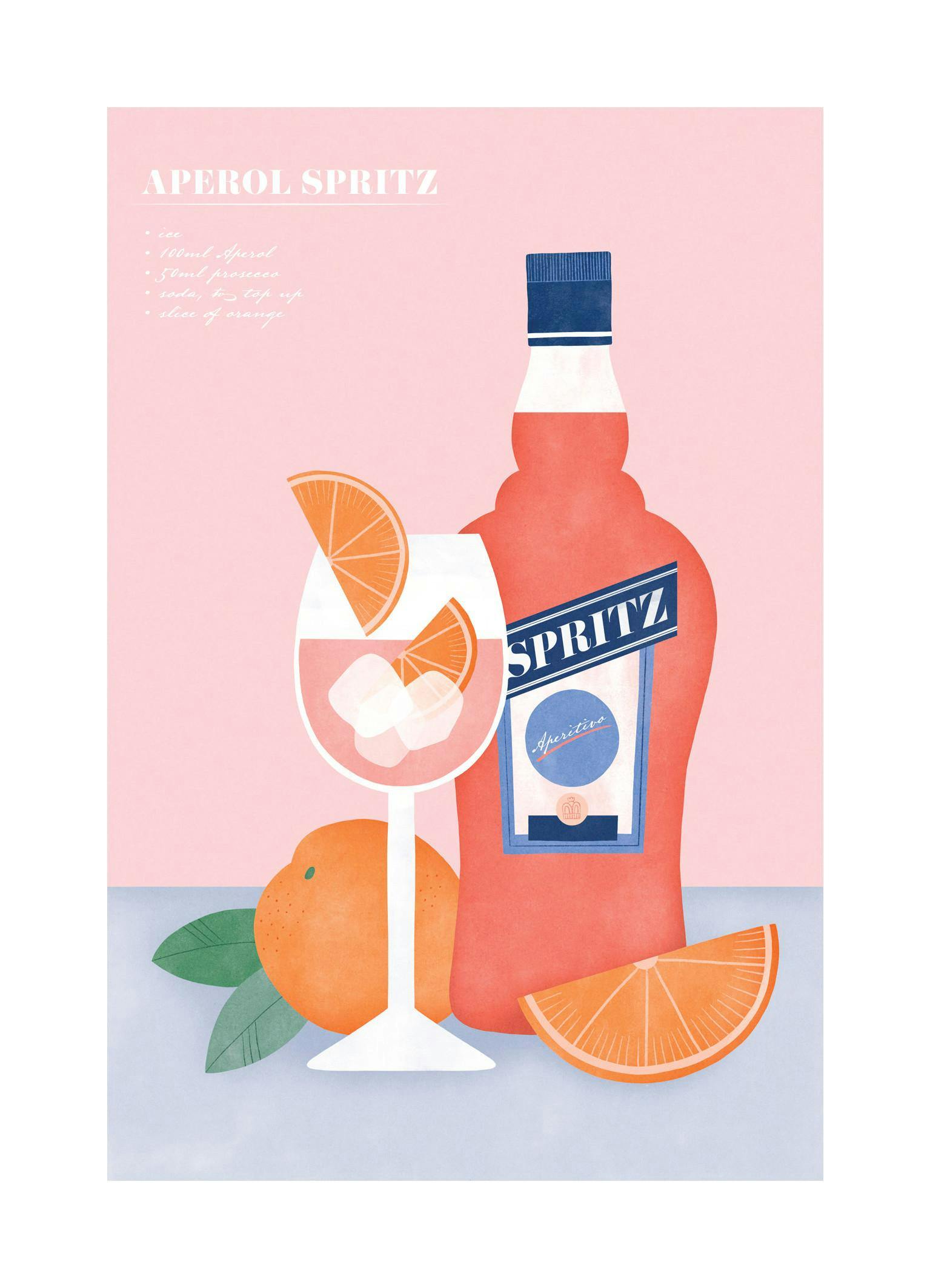 Póster de ilustración Aperol Spritz con botella, vaso y naranjas sobre fondo rosa y azul, receta de cóctel.