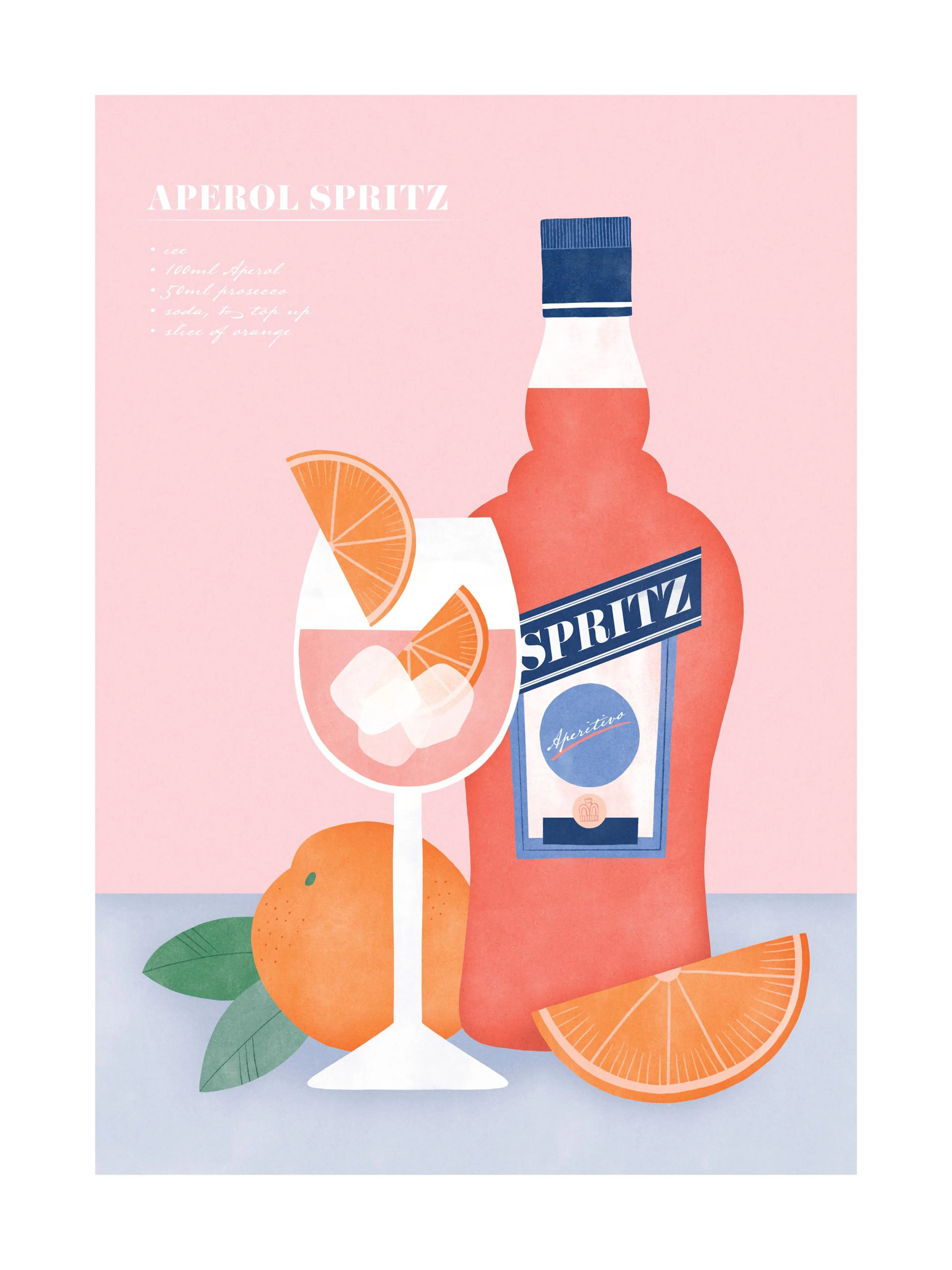 Αφίσα Aperol Spritz με μπουκάλι, ποτήρι, πάγο και πορτοκάλια.