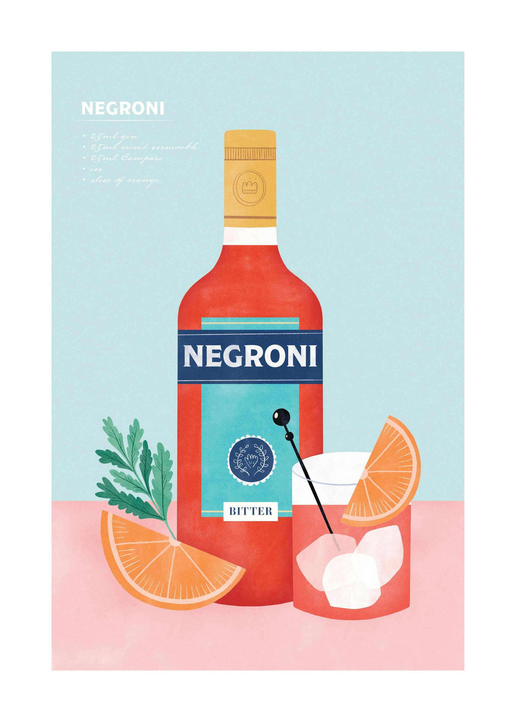 Graphic illustration of a red Negroni bottle and cocktail with orange slices on a blue and pink background.