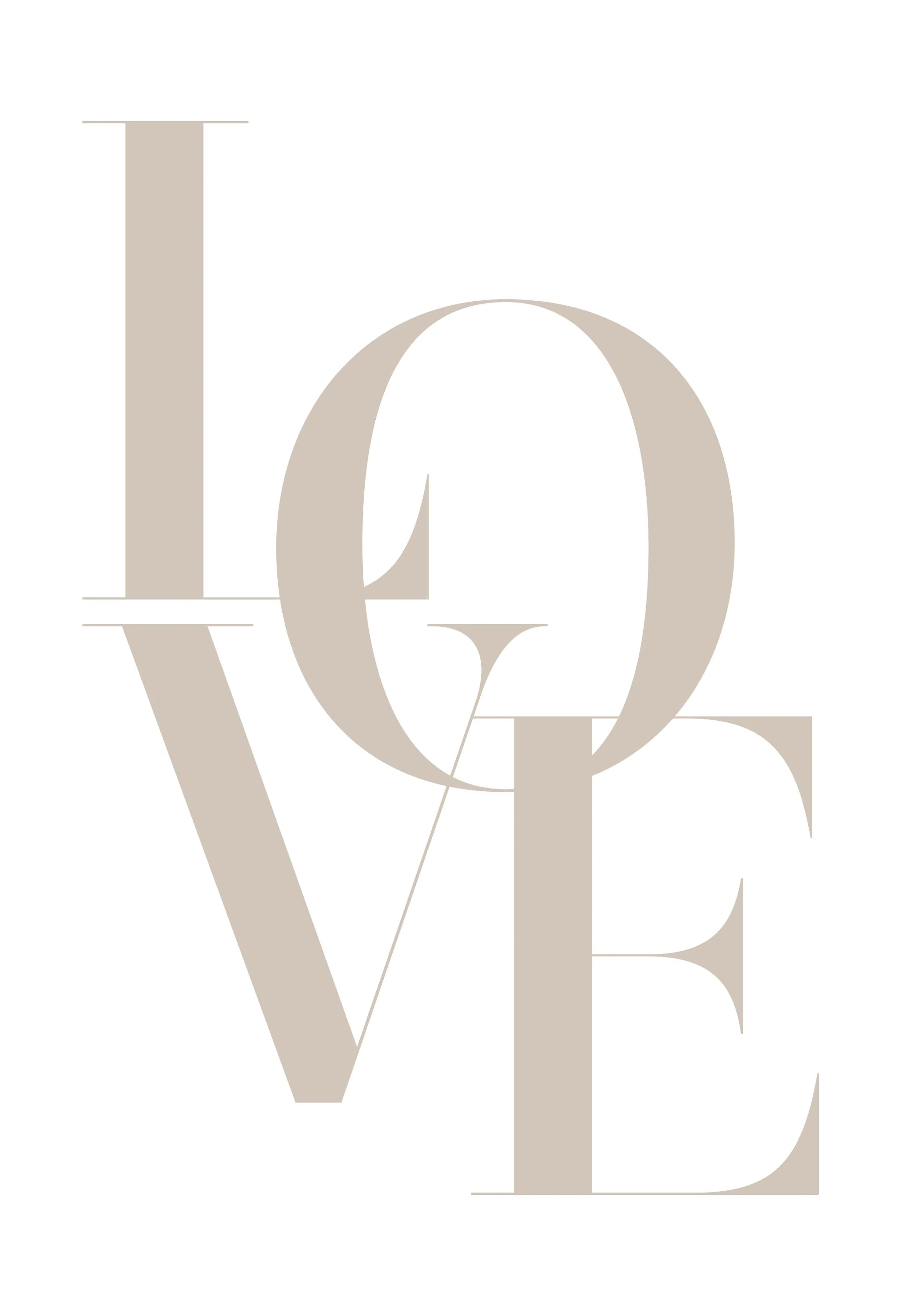 Plagát s nápisom LOVE v béžovej farbe na bielom pozadí, elegantný typografický dizajn.