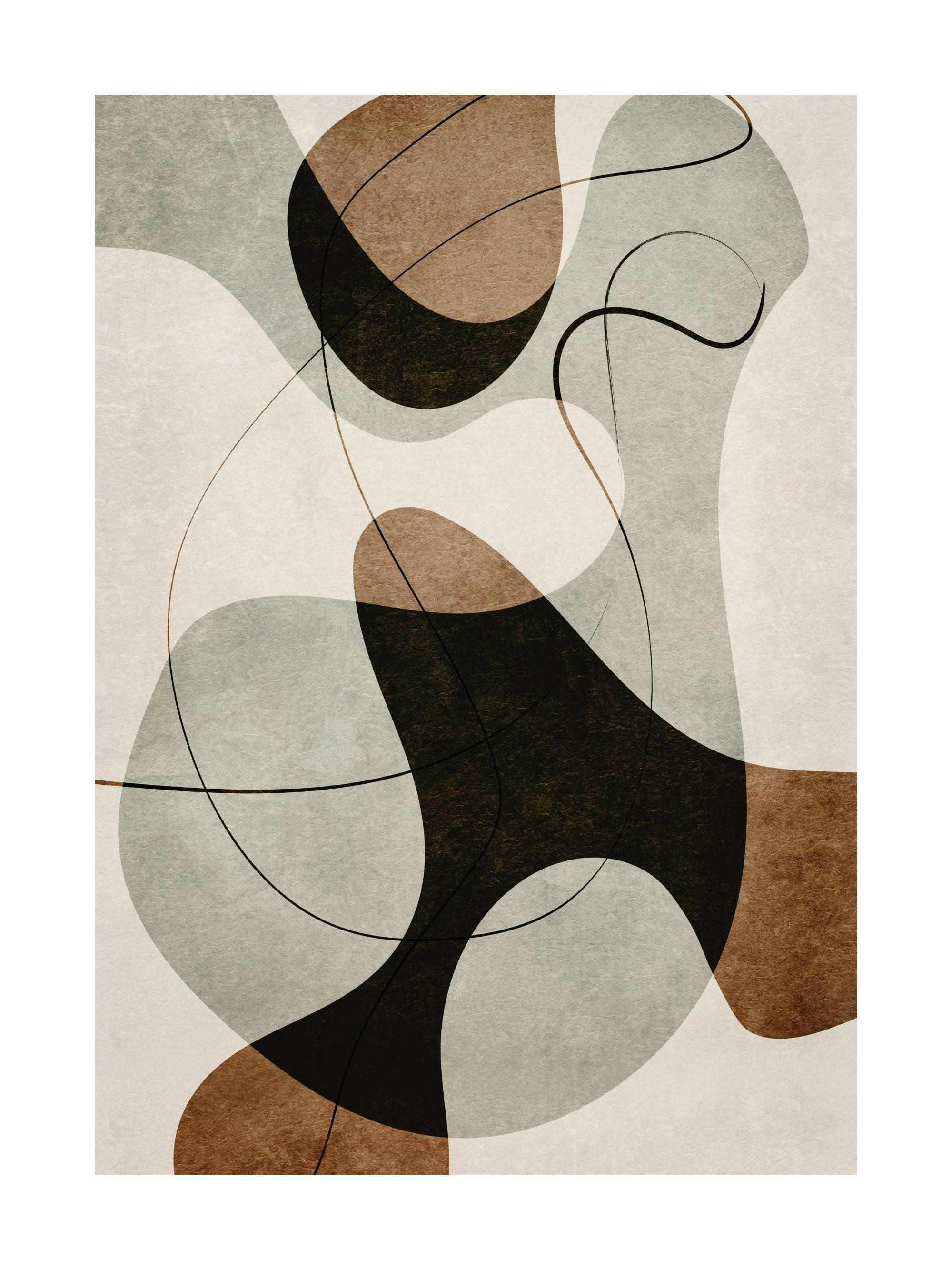 Affiche avec illustration graphique de formes abstraites marron, grises et noires, et lignes fines sur fond beige