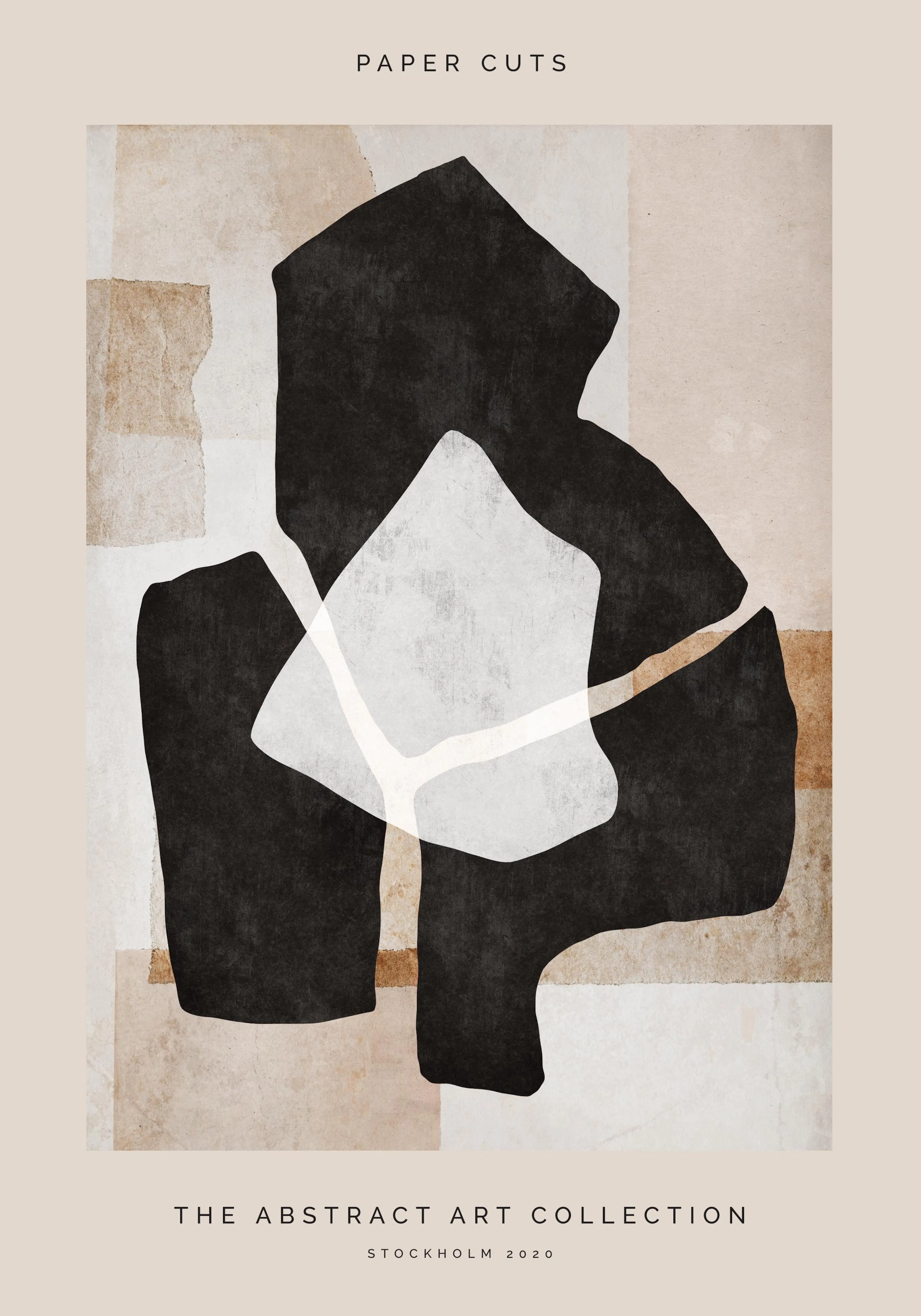 Abstraktes Poster mit schwarzen und weißen Formen auf beigem Hintergrund, die Papierstücke darstellen.