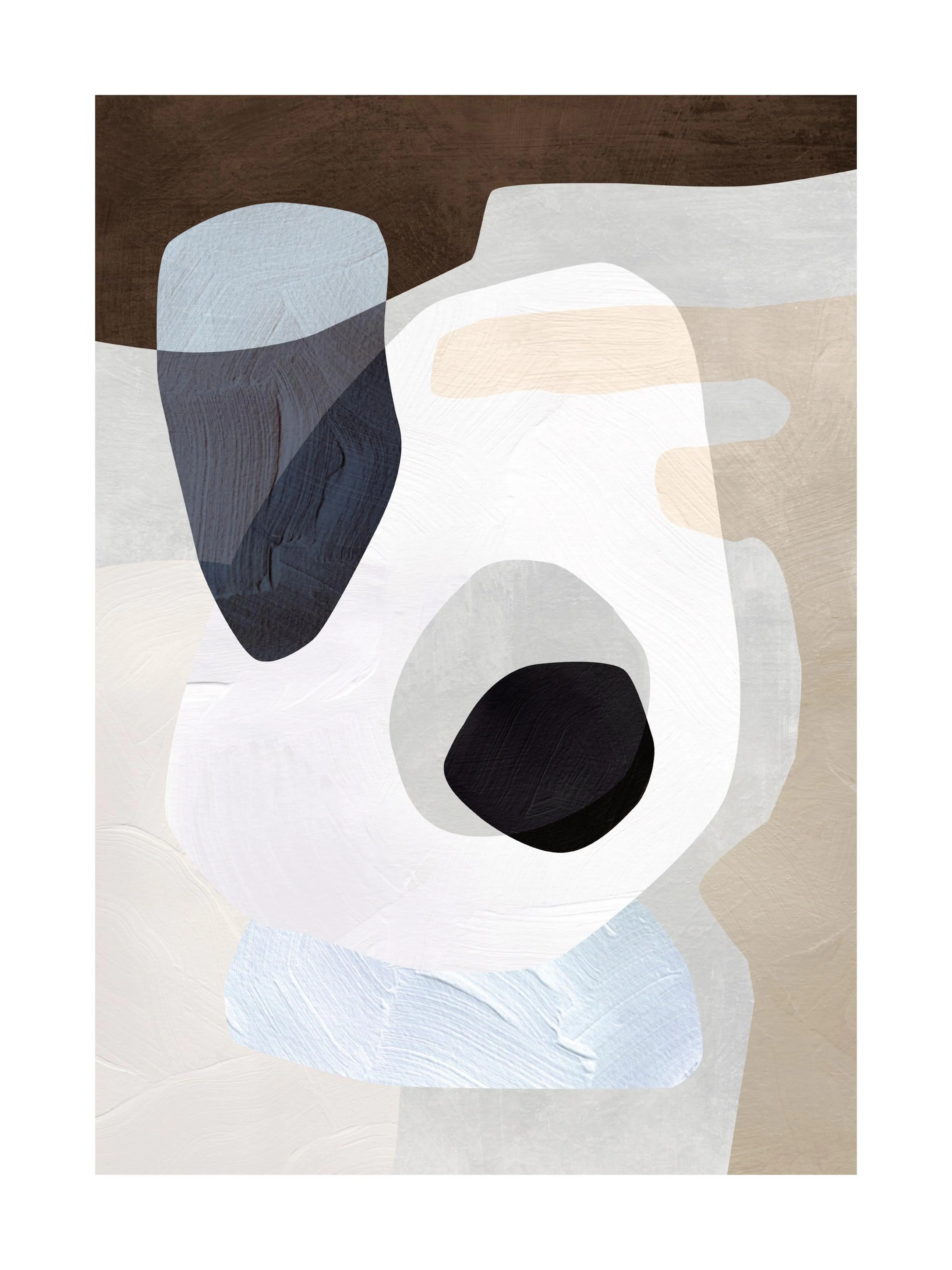Abstract graphic poster with organic shapes in grey, beige, blue, and white with visible paint strokes.