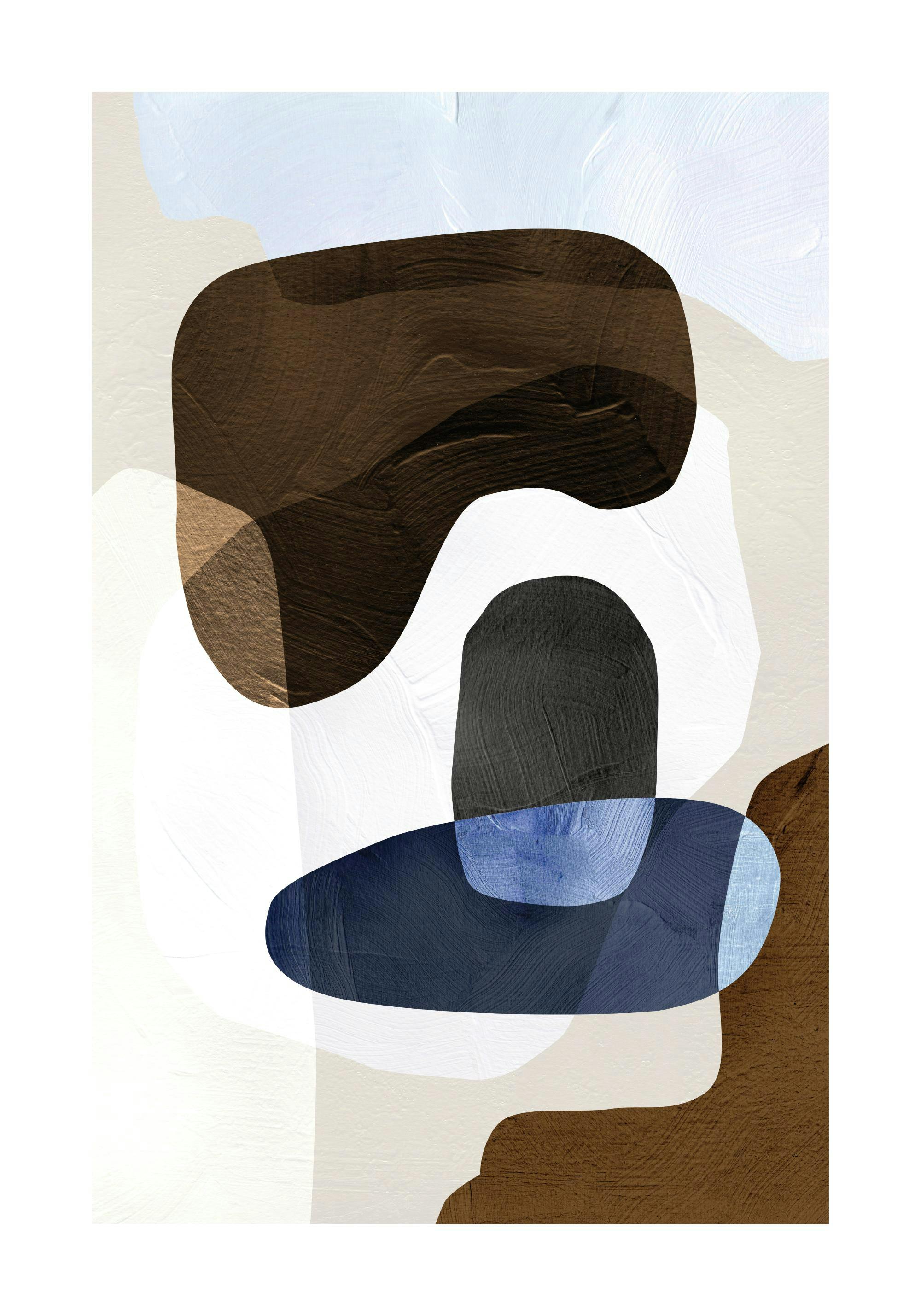 Abstrakt konst med bruna, blåa och vita former med penseldragsstruktur på en beige bakgrund, liknar en målning.