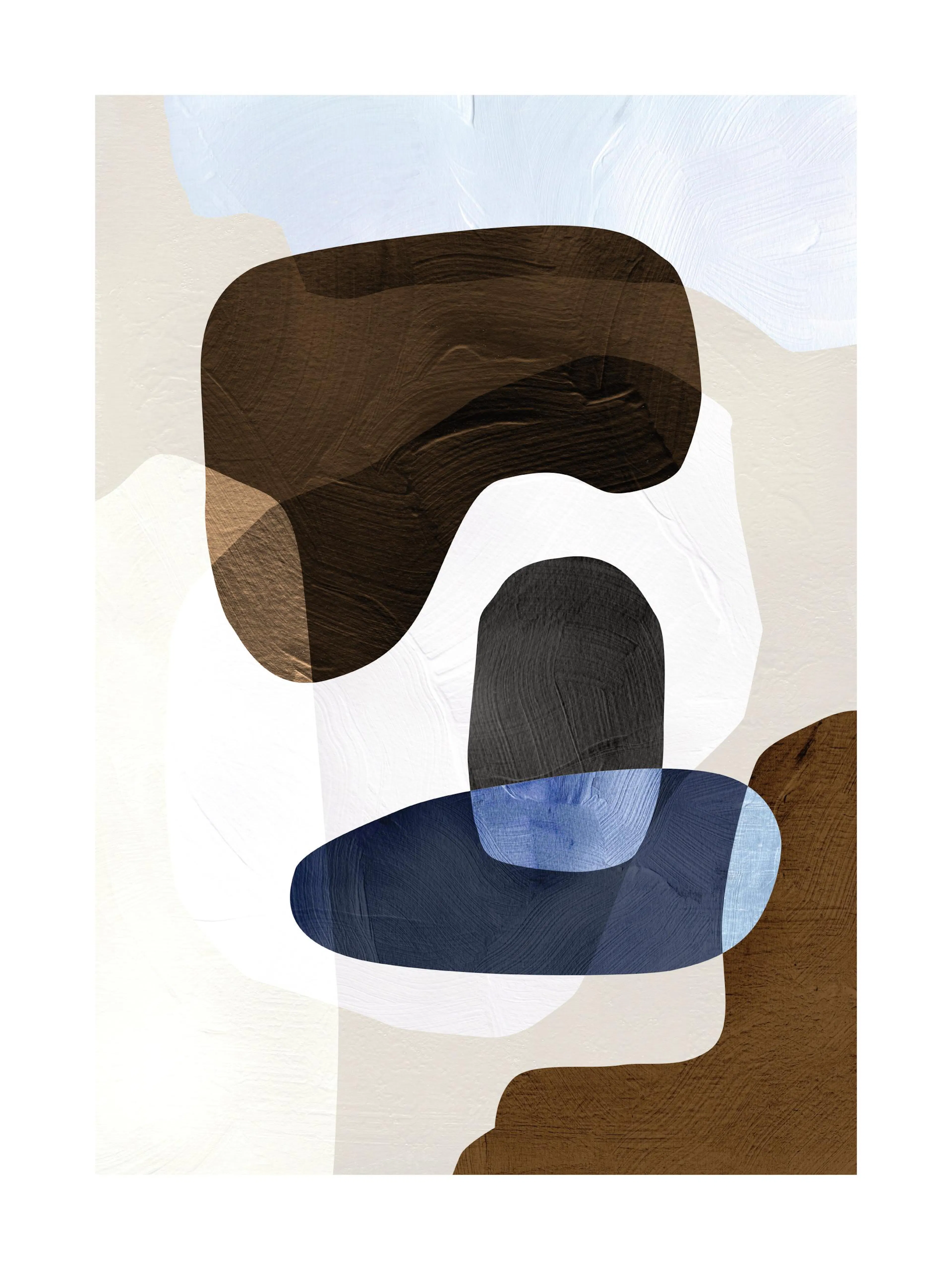 Abstract Graphic No2 print featuring brown, blue, and white organic shapes with paint stroke texture on a beige background.