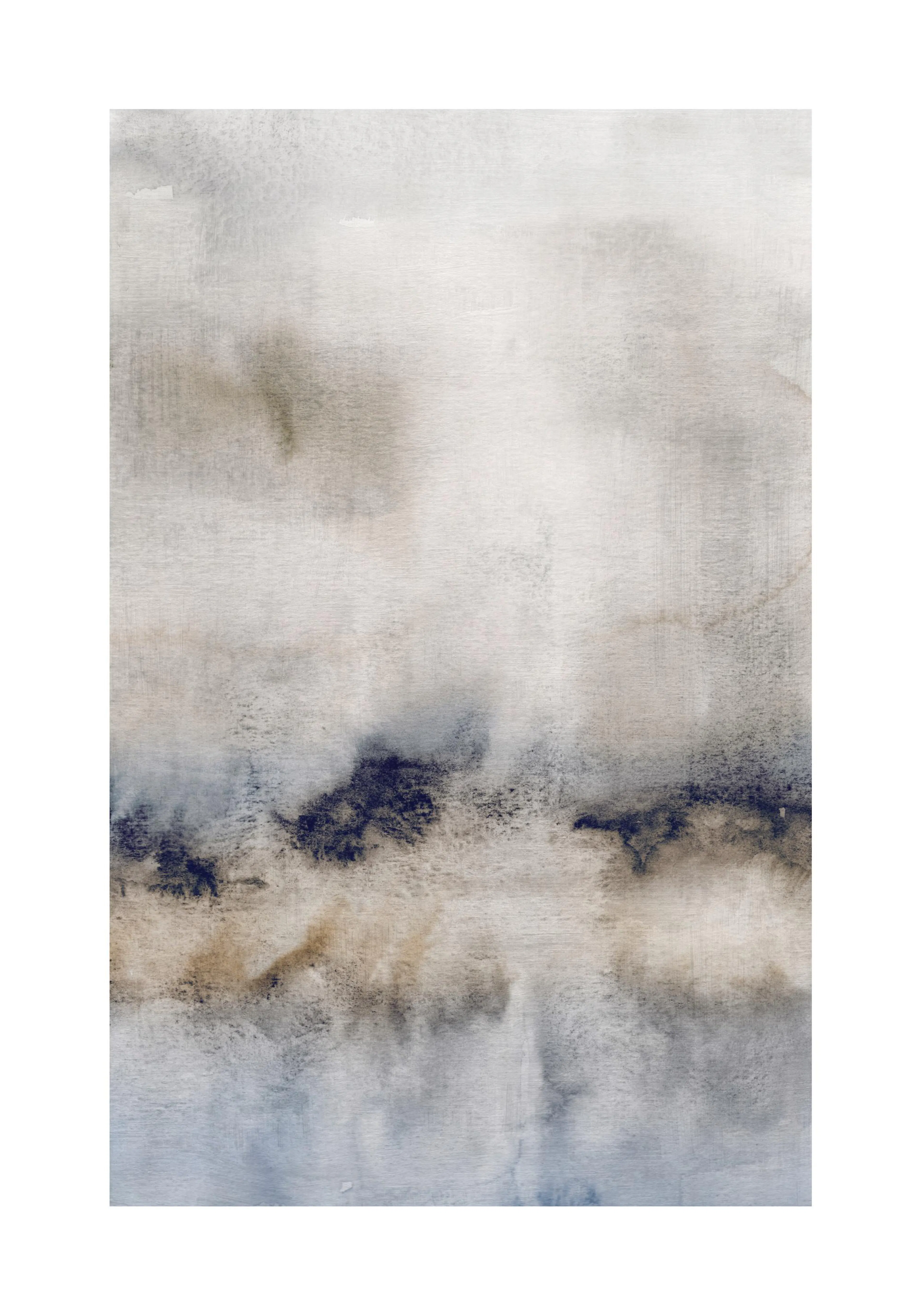 Abstract watercolor painting in cool tones, featuring blended blue, beige, and grey hues with dark blue accents.