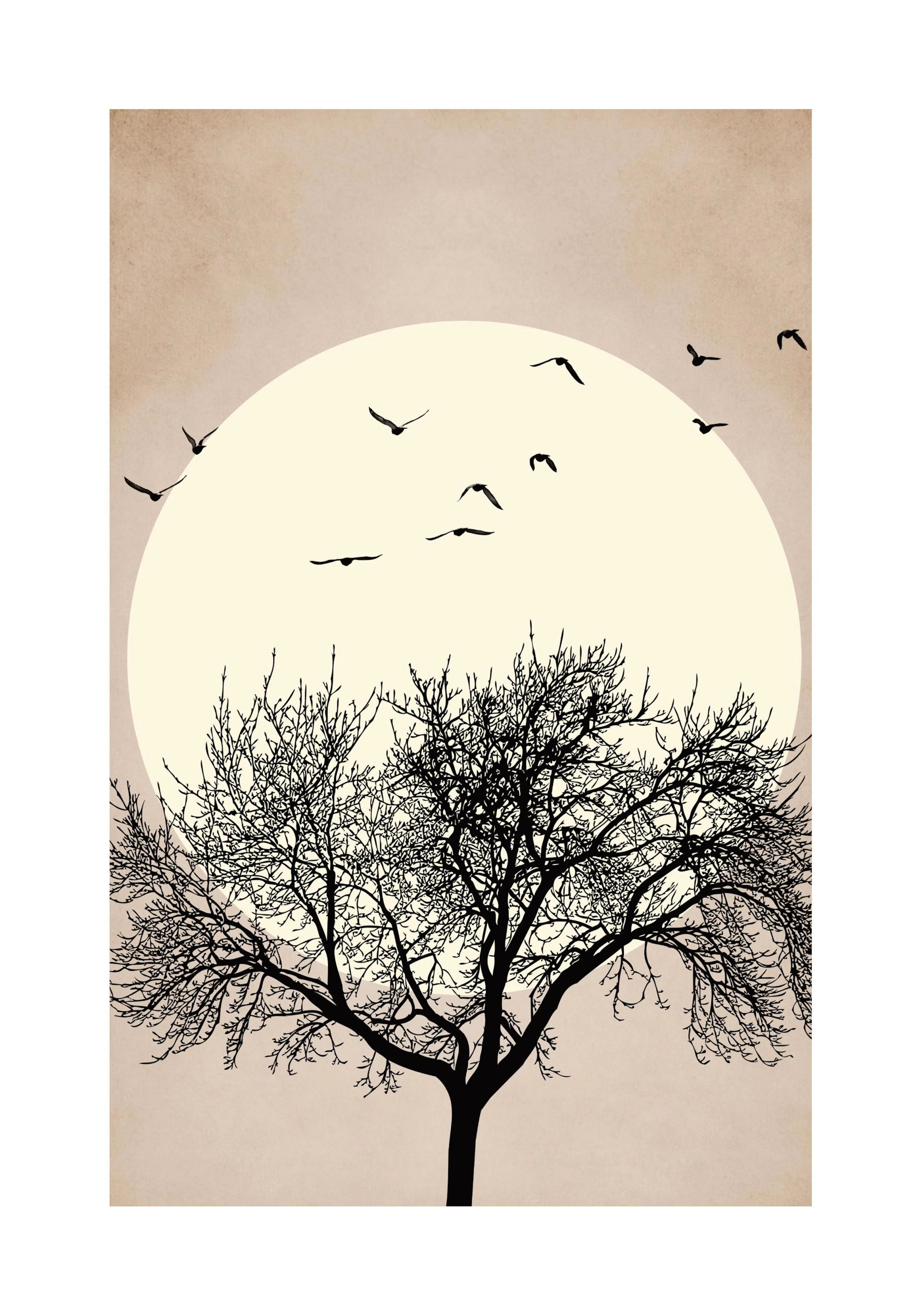 Grafische illustratie van een zwarte boom met vogels en gele zon tegen een beige achtergrond. Minimalistische kunst poster.