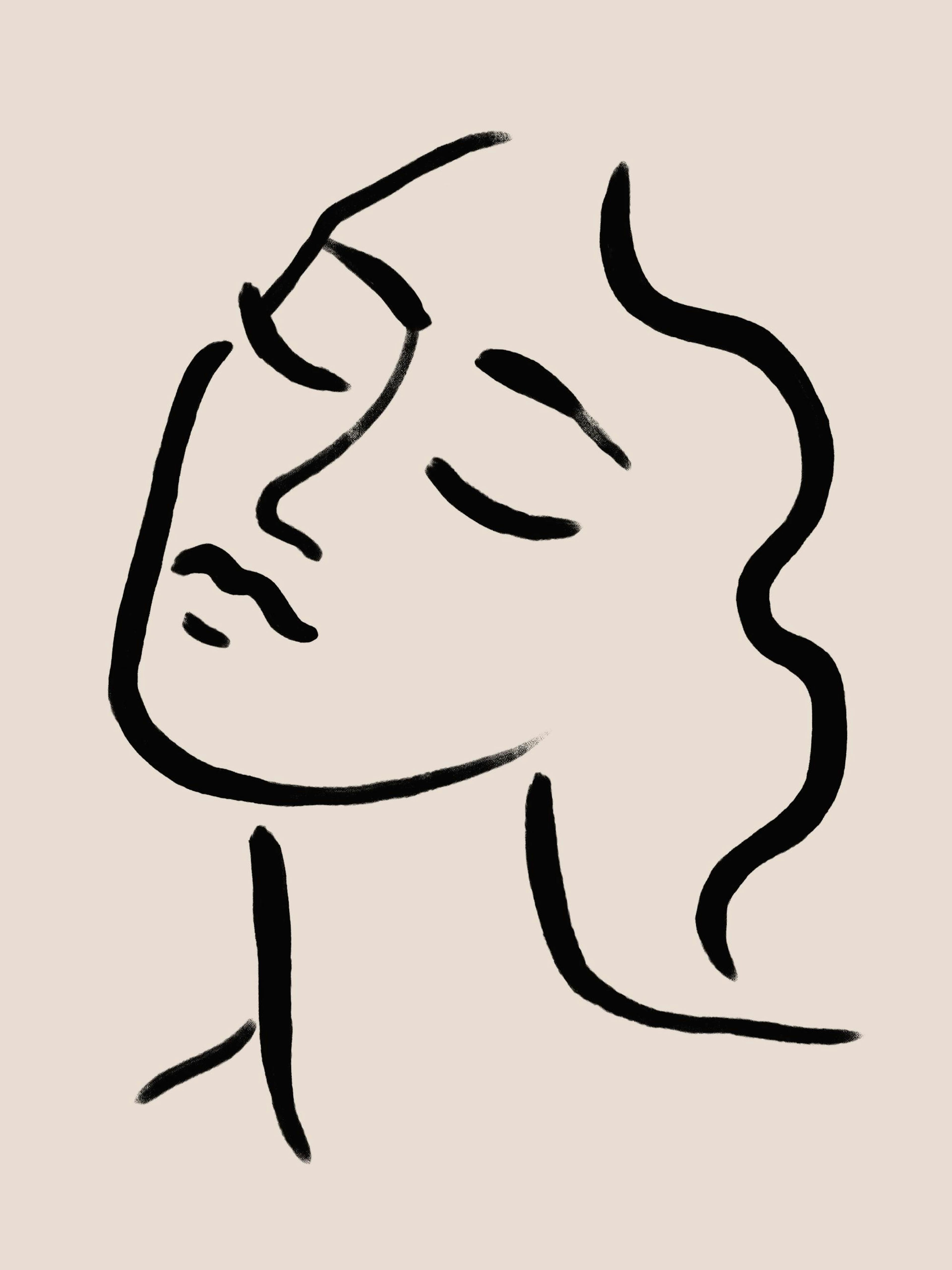 Vintage Face No3 print, a black line art illustration of a woman with closed eyes on a beige background poster.