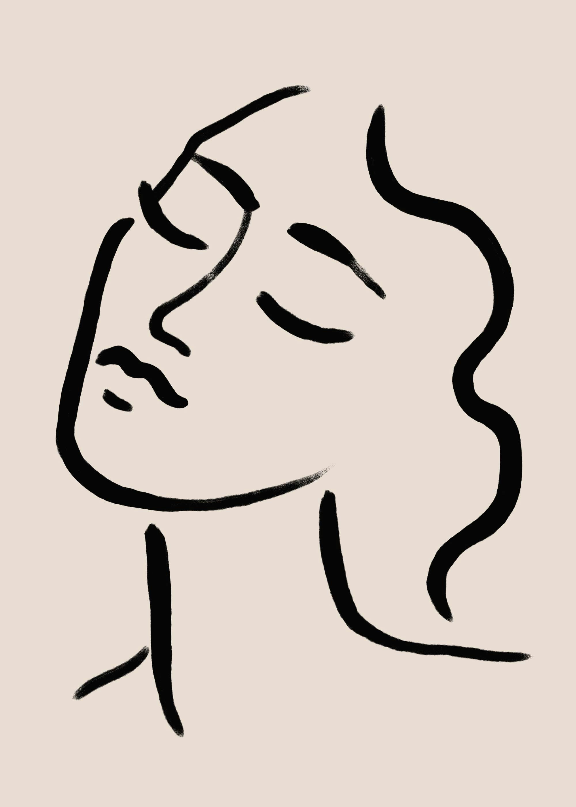 Minimalist vintage face poster with black line art of a woman with closed eyes on a beige background.
