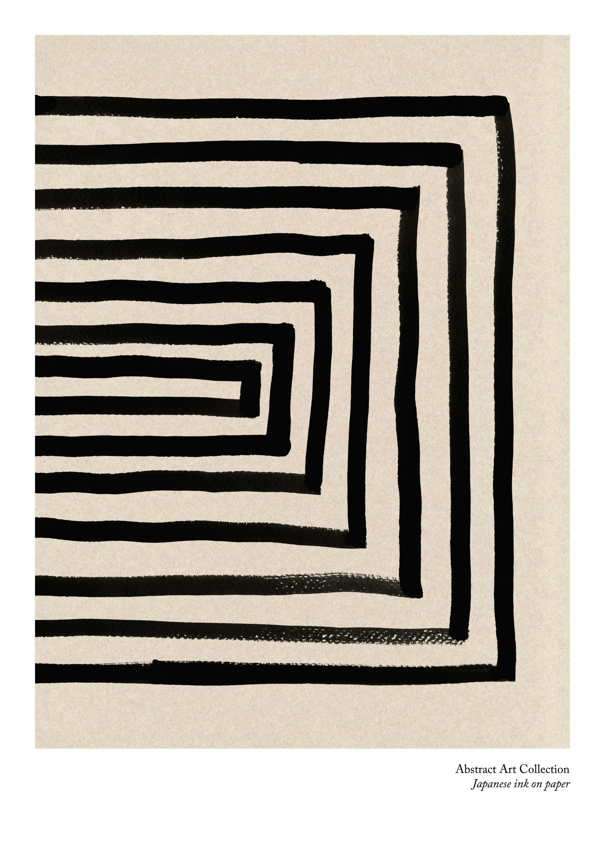 Japanese Ink No1 abstract art poster with black lines forming a rectangle on a grainy beige background.