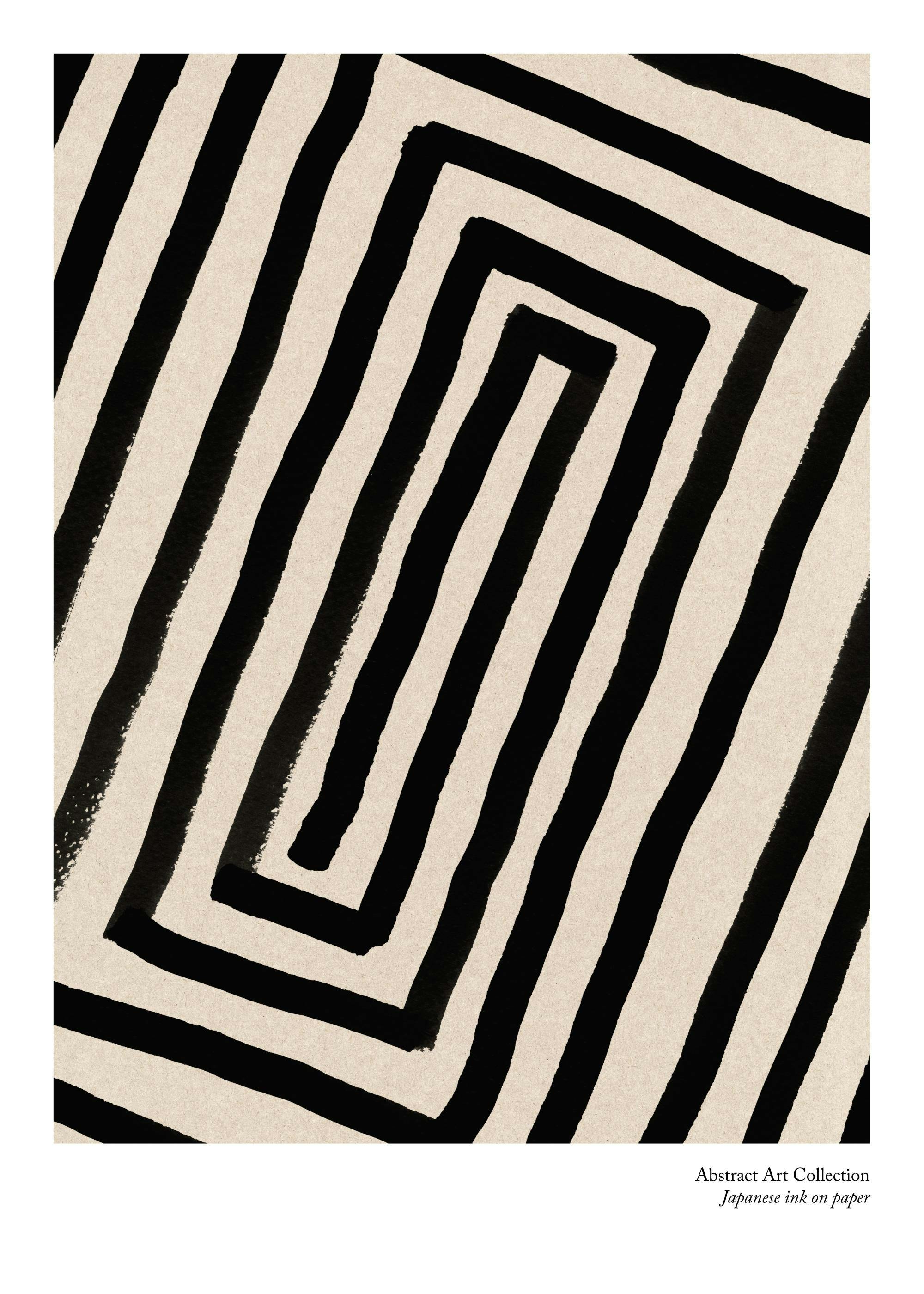 Japanse Ink No2 poster: zwarte hoekige werveling op beige achtergrond, Abstract Art Collection