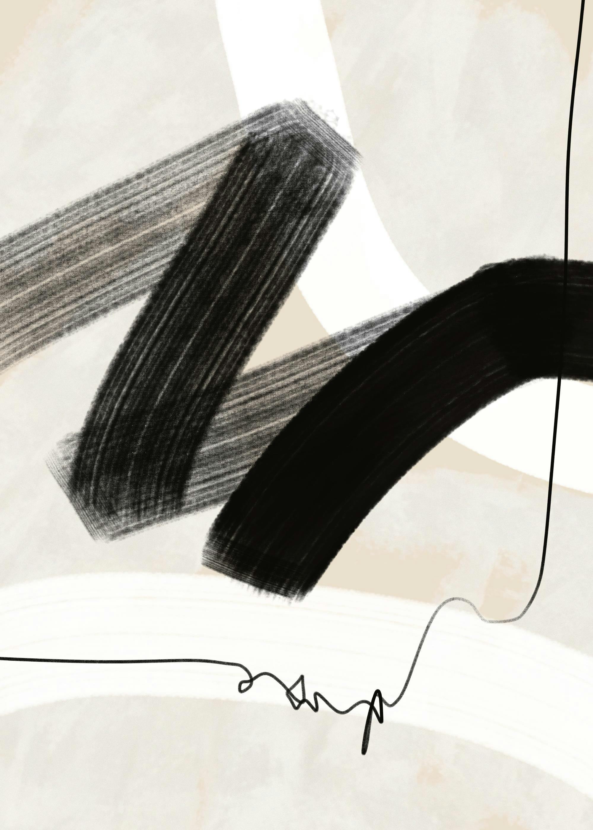 Abstract Wave No1 poster: Graphic black and white paint strokes and lines on a light beige background create a modern art print.