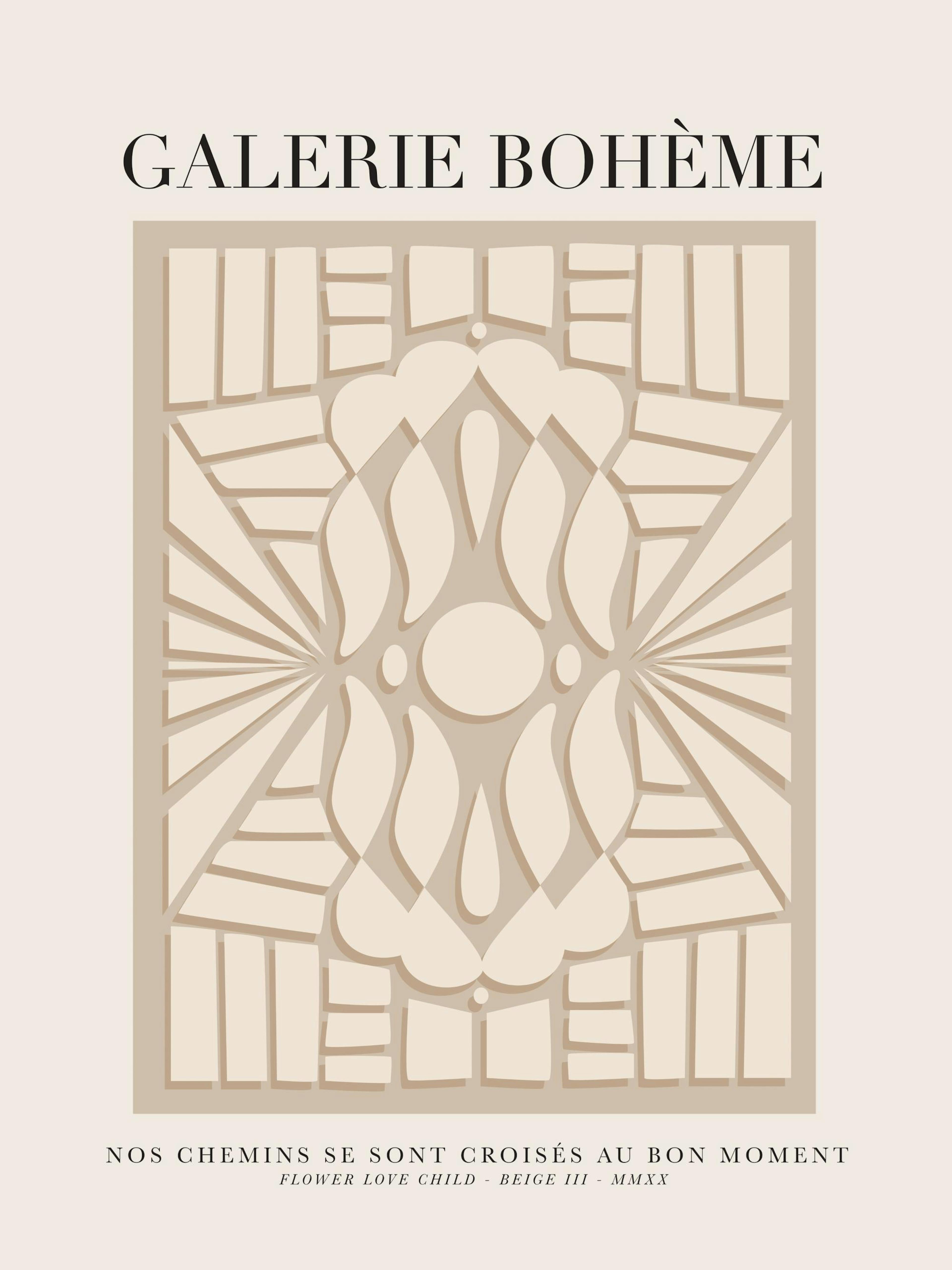 Abstract beige boho pattern print with text GALERIE BOHÈME on a light background. Ideal for modern interior style.