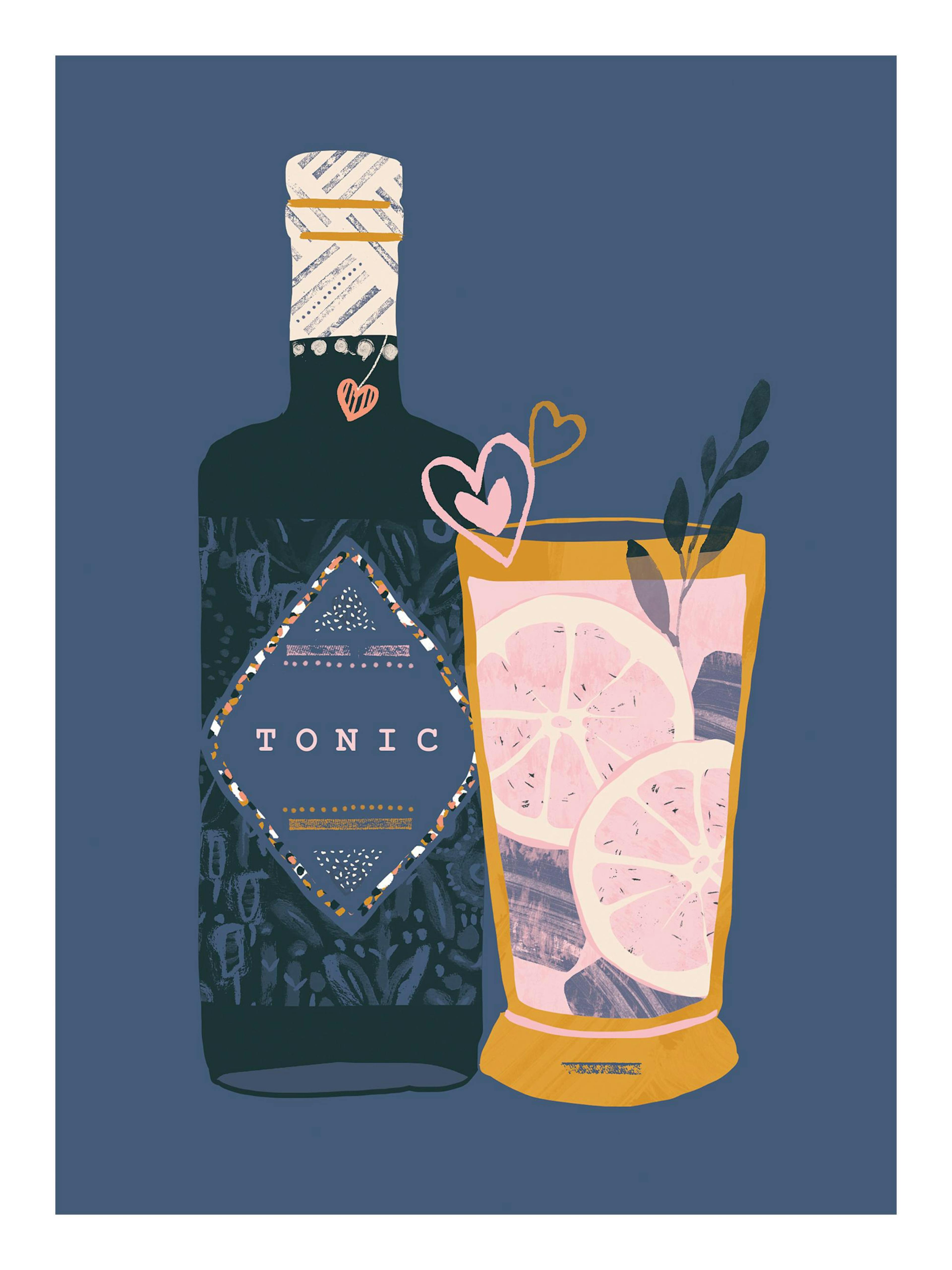 Affiche dune bouteille de Tonic et dun verre avec boisson rose et agrumes sur fond bleu, illustration graphique.