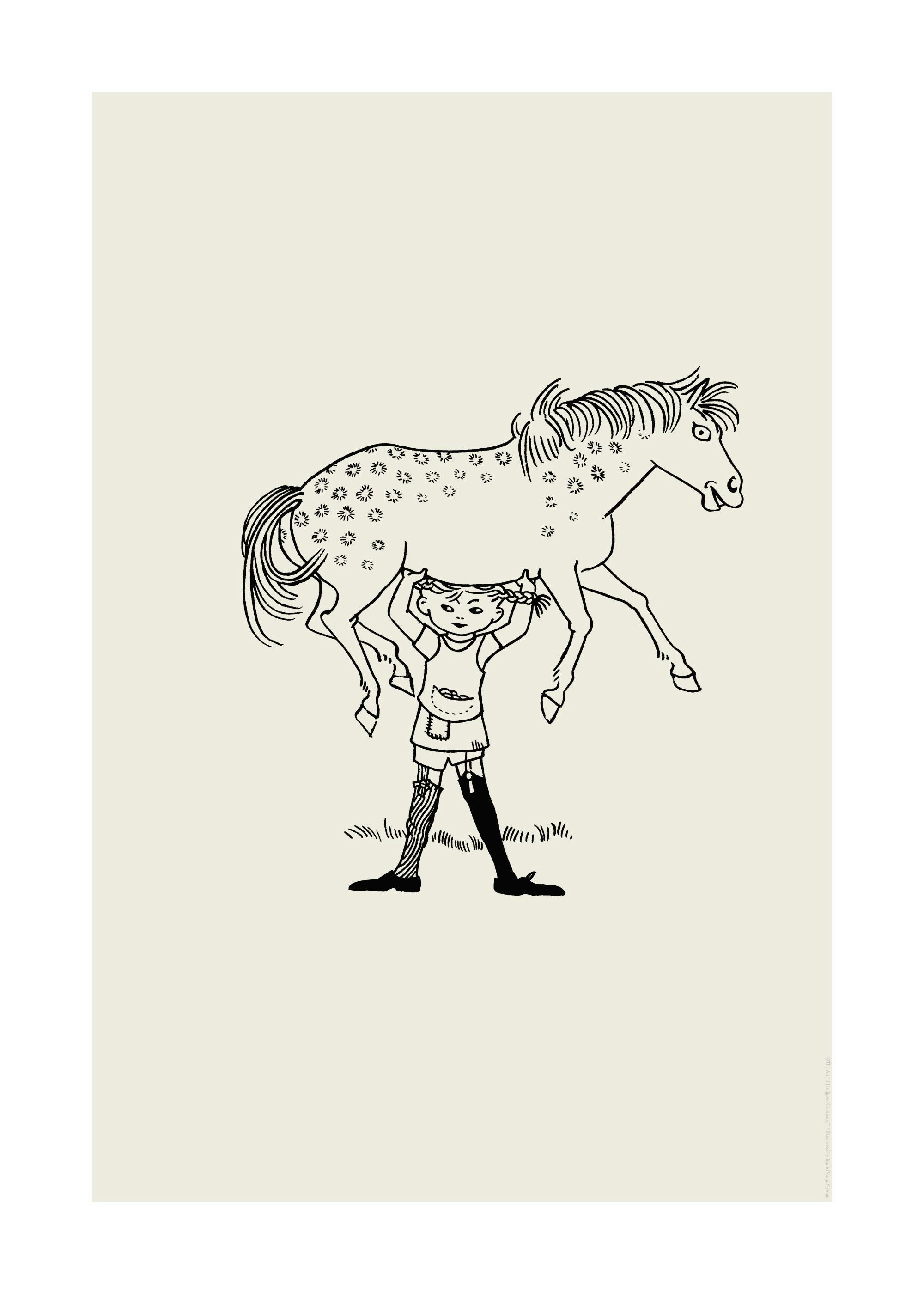 Black line illustration of Pippi Longstocking holding her horse above her head on a light background. Pippi Longstocking art.