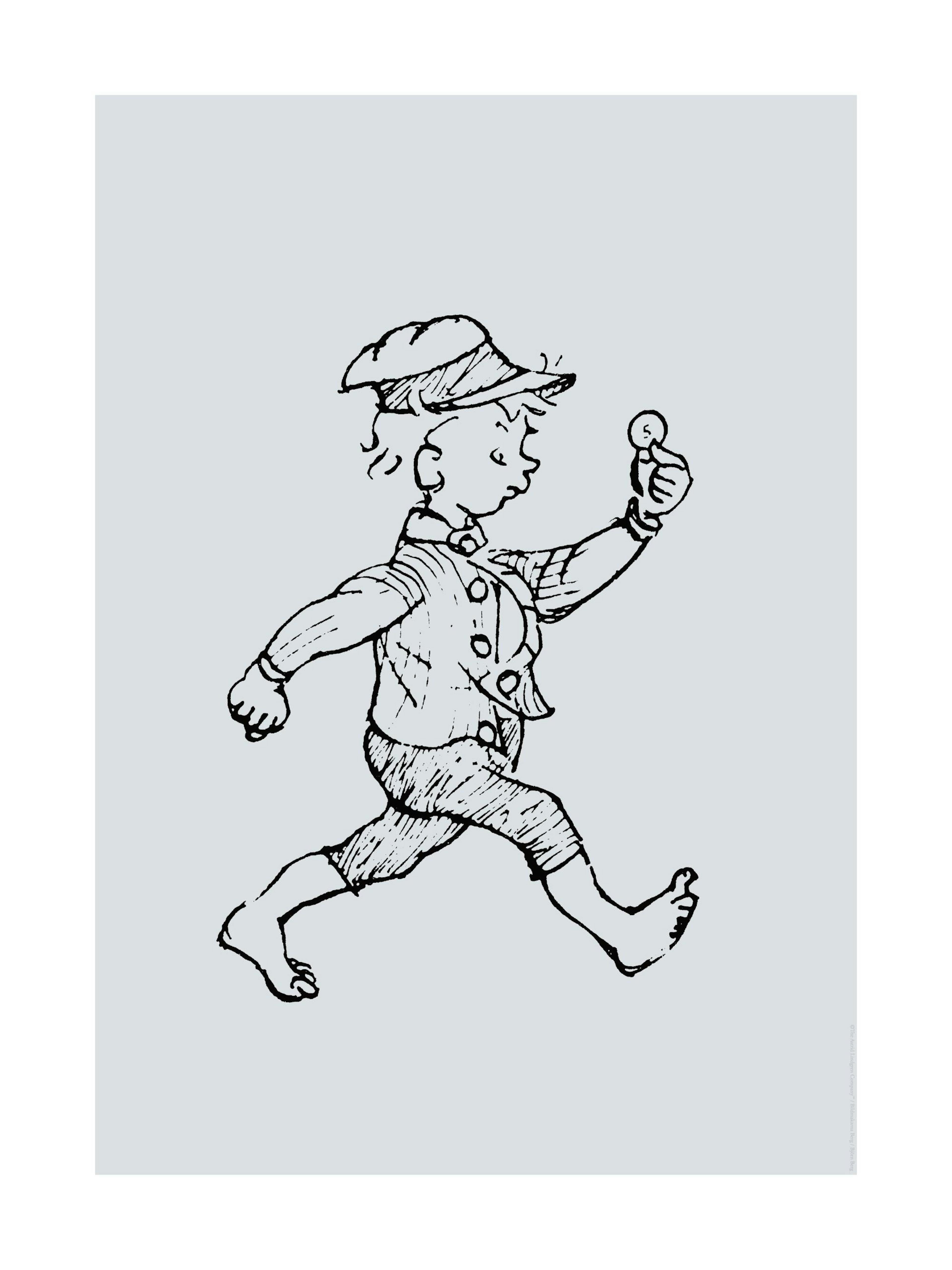 Illustration von Michel aus Lönneberga, der in schwarzer Tinte auf weissem Hintergrund rennt und einen Knopf in der Hand hält.