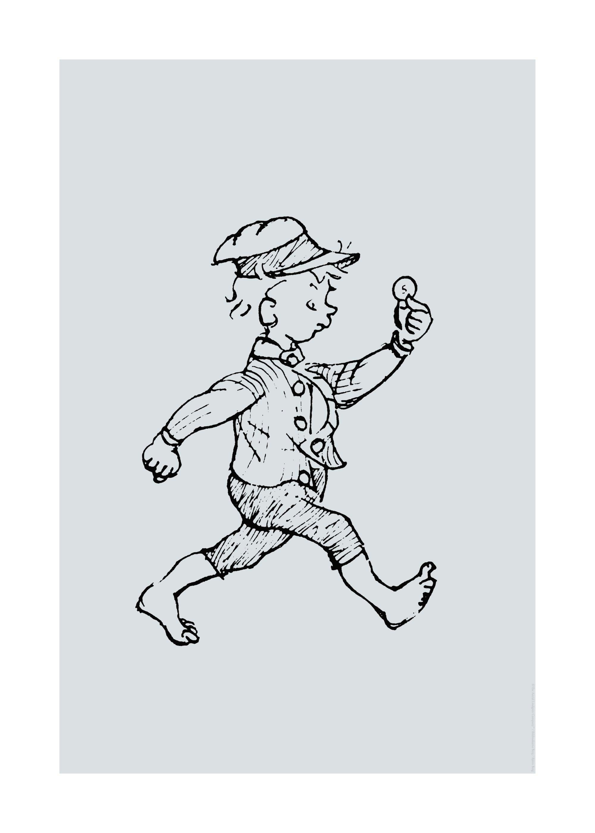 Black line drawing of Emil in Lönneberga walking, in a classic childrens book illustration style.