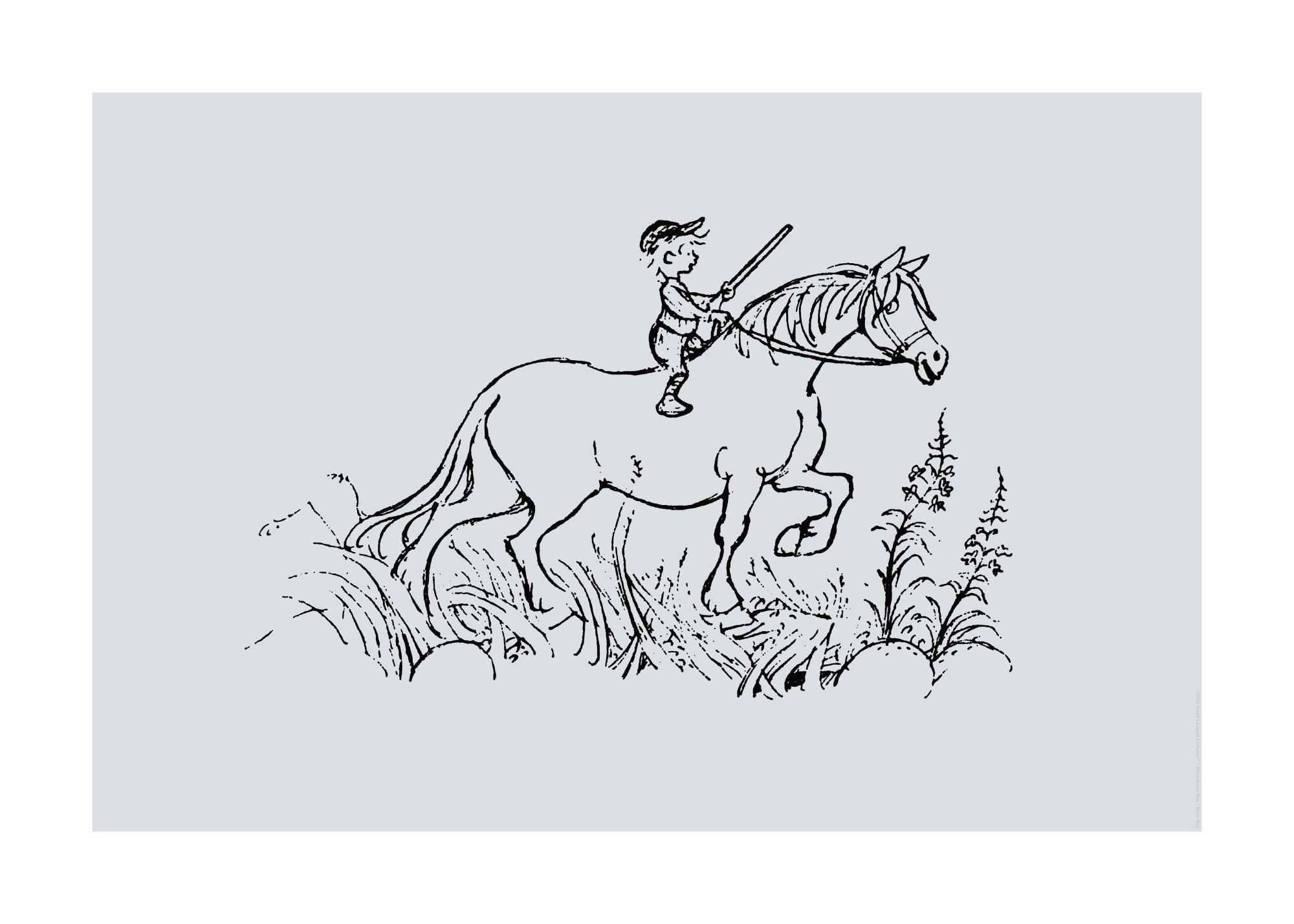 Emil in Lönneberga riding horse in black ink drawing, with grass and flowers. Childrens poster art.