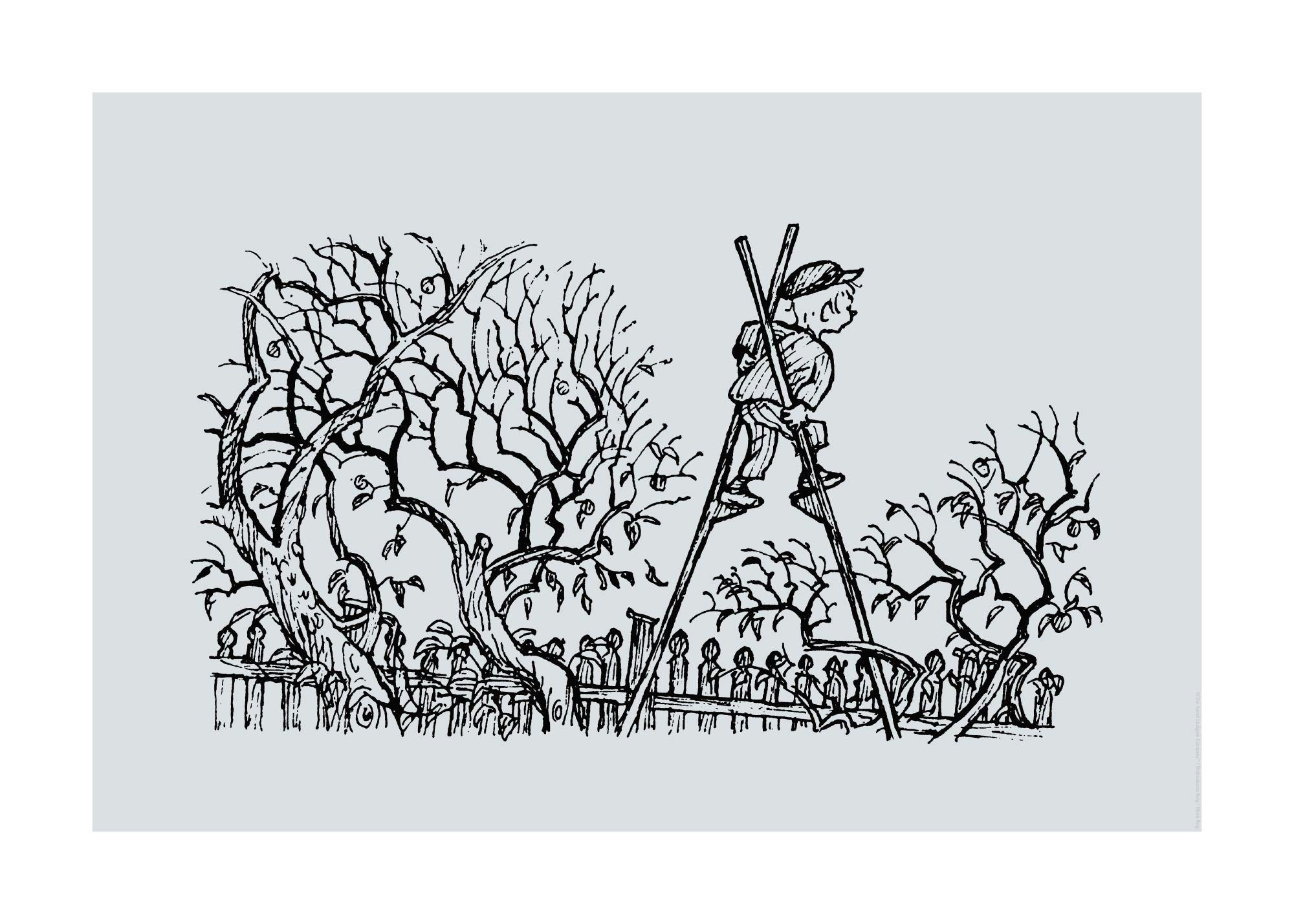 Black illustration of Emil in Lönneberga on stilts, with a fence and trees surrounding him.