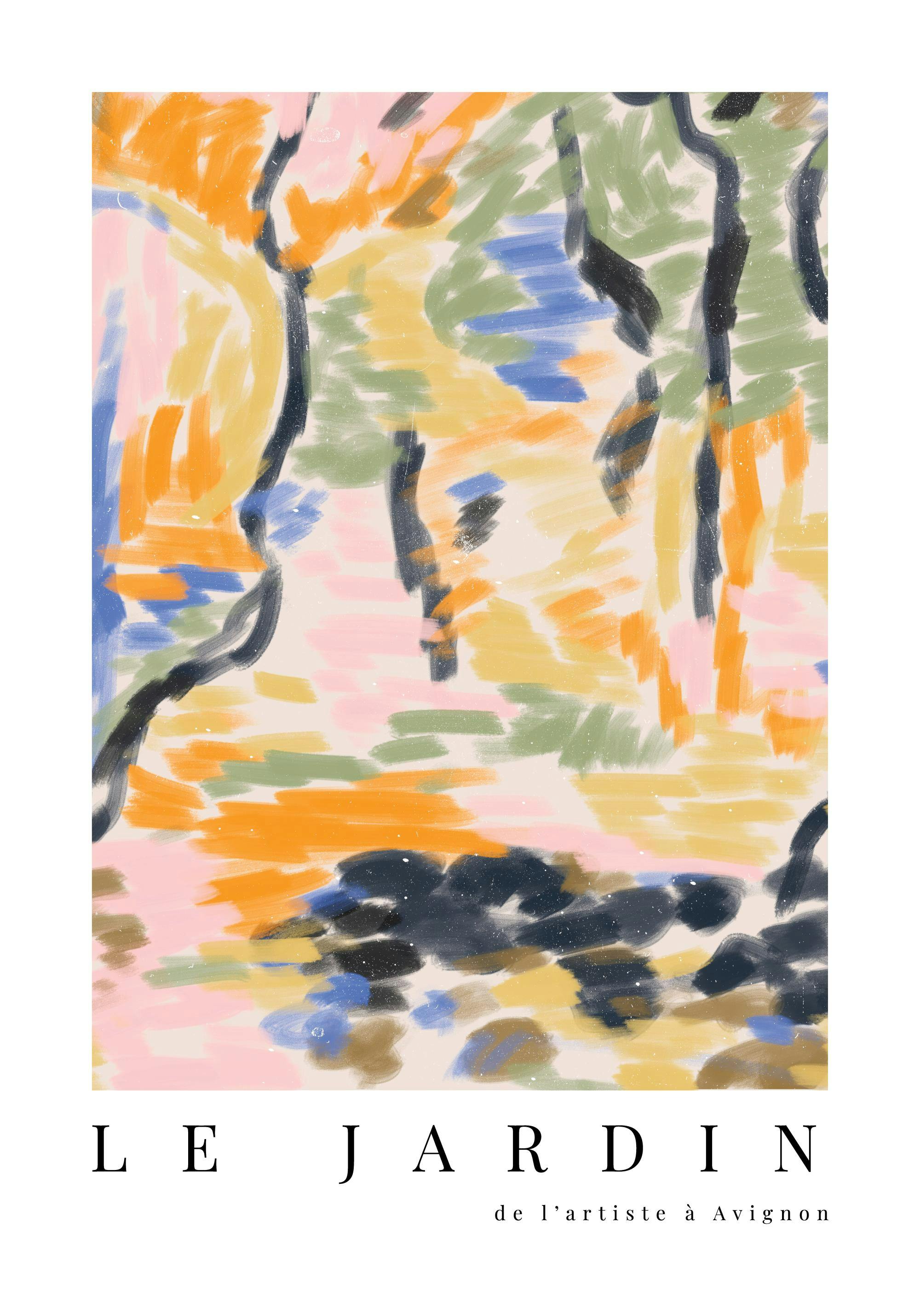 Abstrakt målning med färggranna penseldrag i gult, orange, blått och grönt. Texten Le Jardin de lartiste à Avignon nedtill.