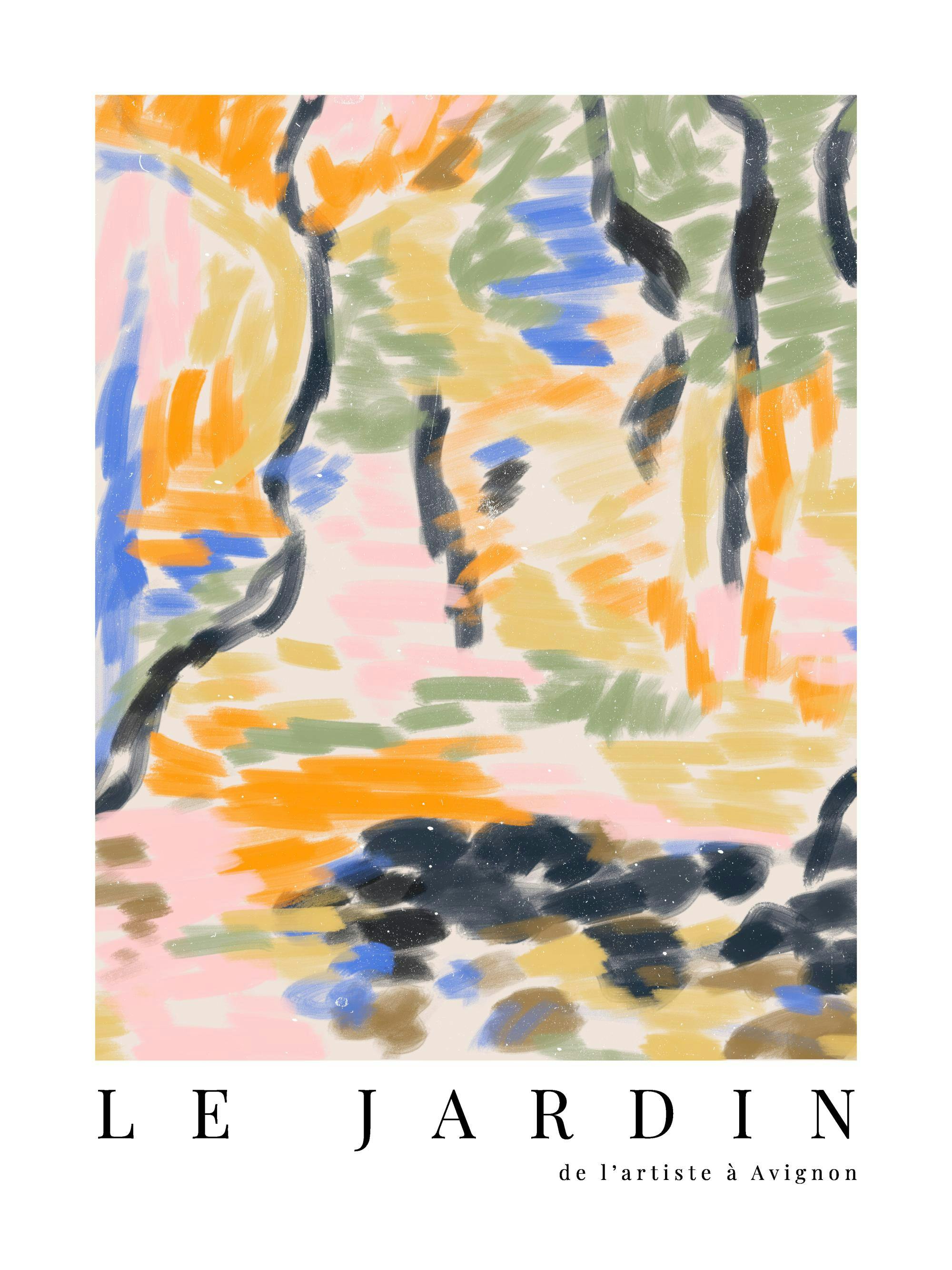 Affiche Le Jardin No1, peinture abstraite avec des coups de pinceau colorés et du texte typographie noir