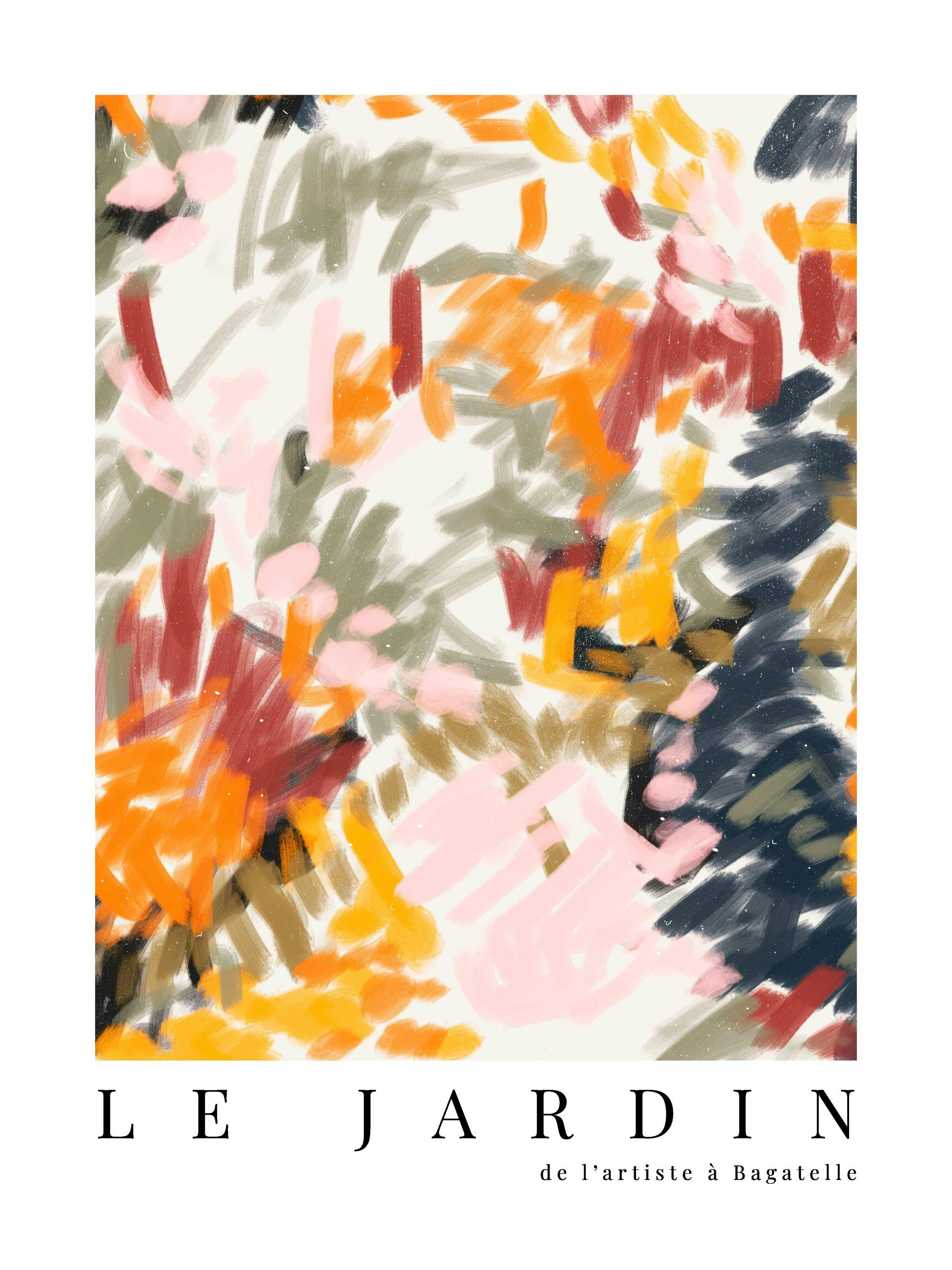 Abstrakt målning med färgglada penseldrag i orange, rosa, grönt och mörkblått, med texten Le Jardin de lartiste BagatelleTT.