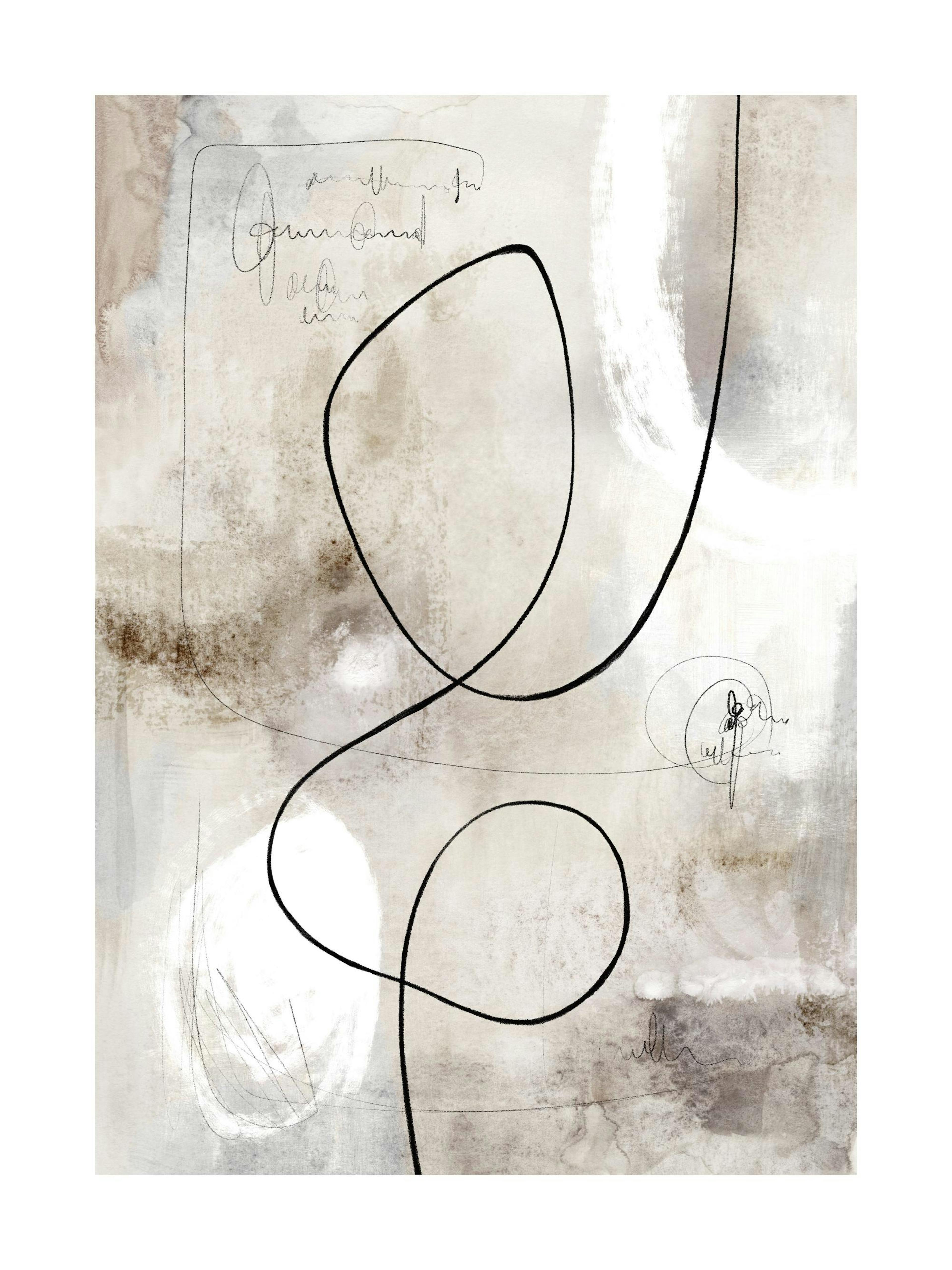 Póster Abstract Paint Figure No1, líneas negras y blancas sobre fondo beis grisáceo, estilo moderno.