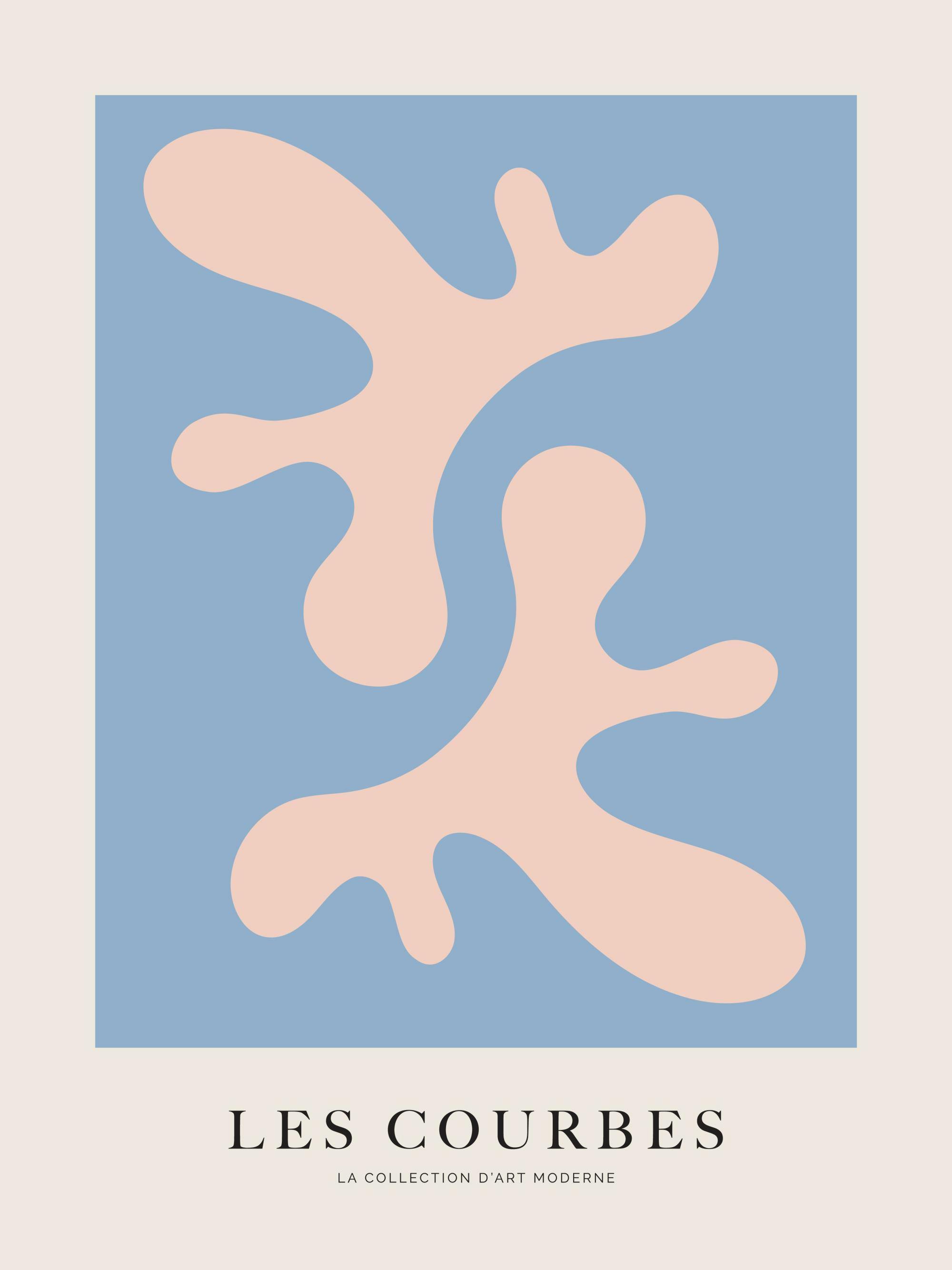 Grafisk rosa Les Courbes affisch med abstrakta former på blå och beige bakgrund för väggdekoration.