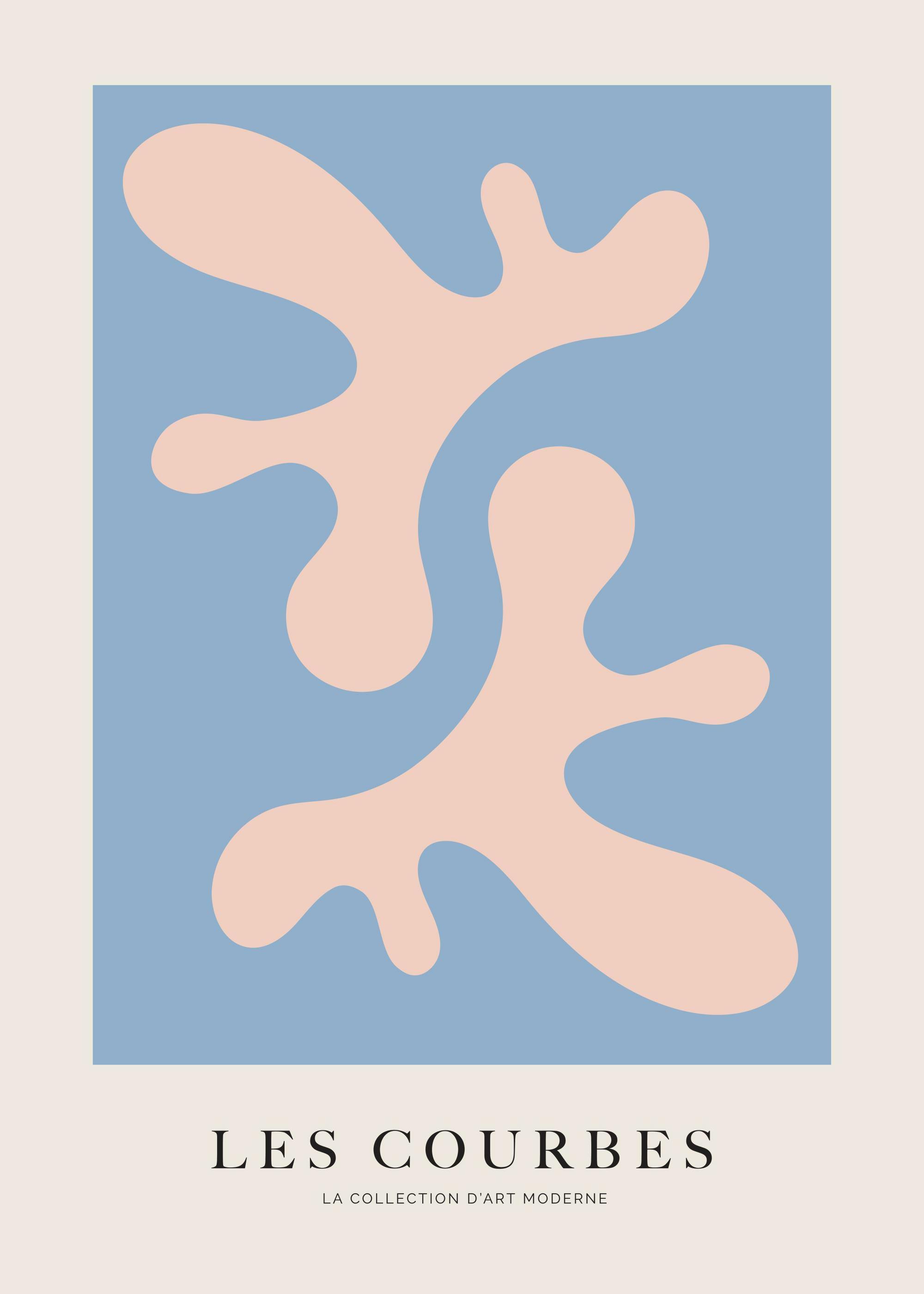 Graphic illustration poster with pink abstract shapes on a light blue background and a beige border