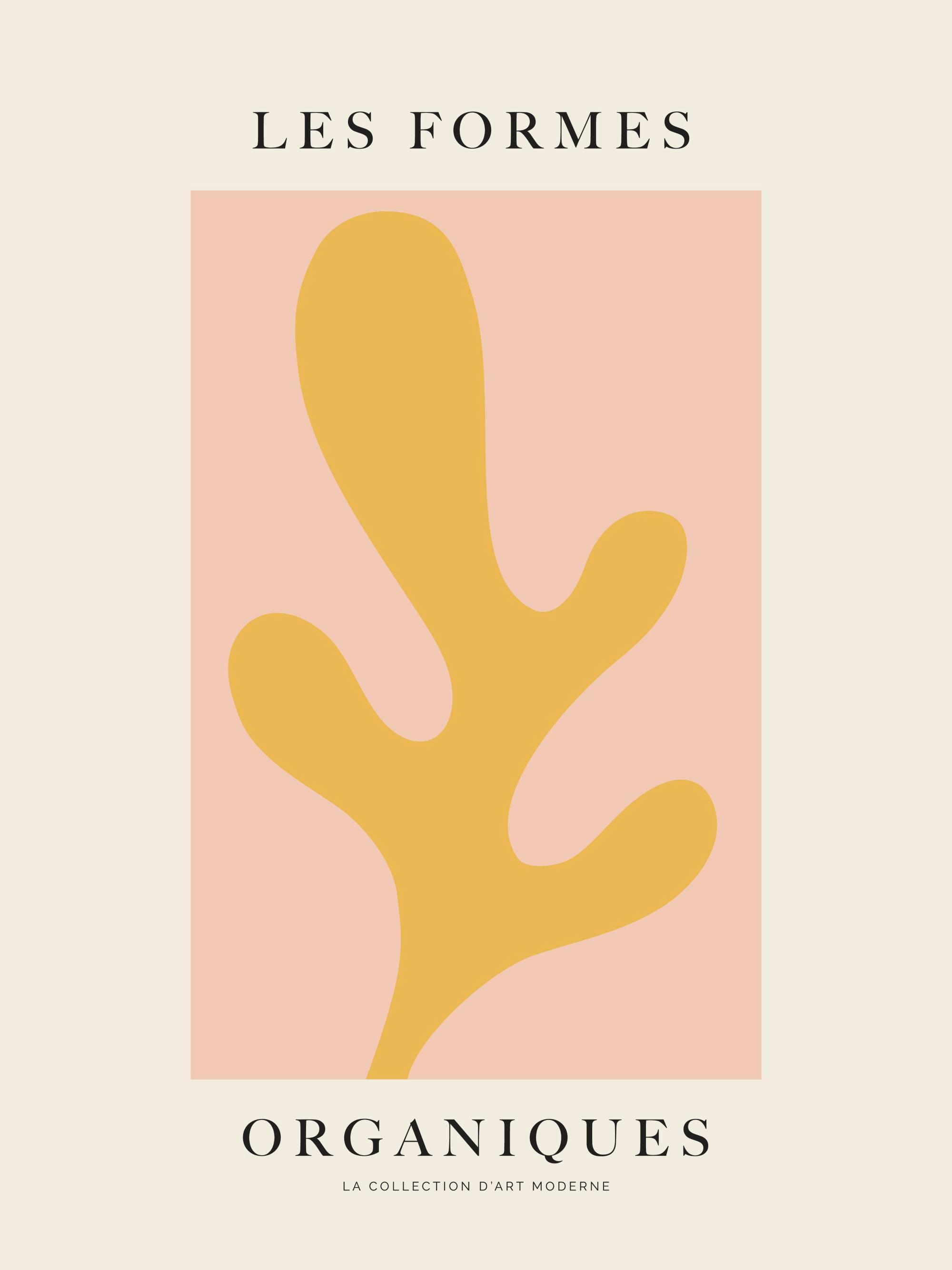 Plakat med gul organisk form i lyserødt rektangel på lys beige baggrund, tekst foroven og forneden.