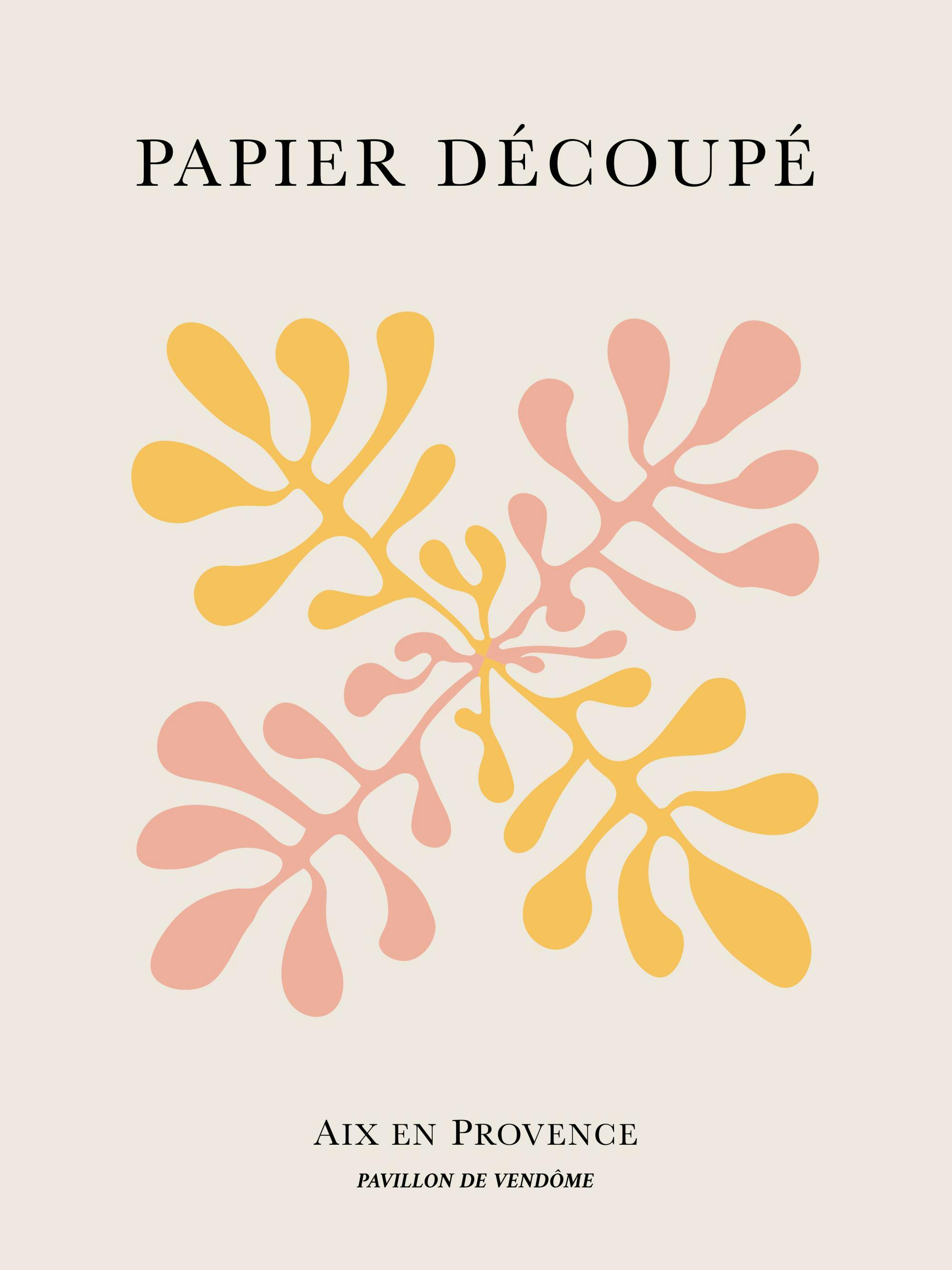 Grafisk plakat med lyserøde og gule abstrakte koraller på en lys beige baggrund.