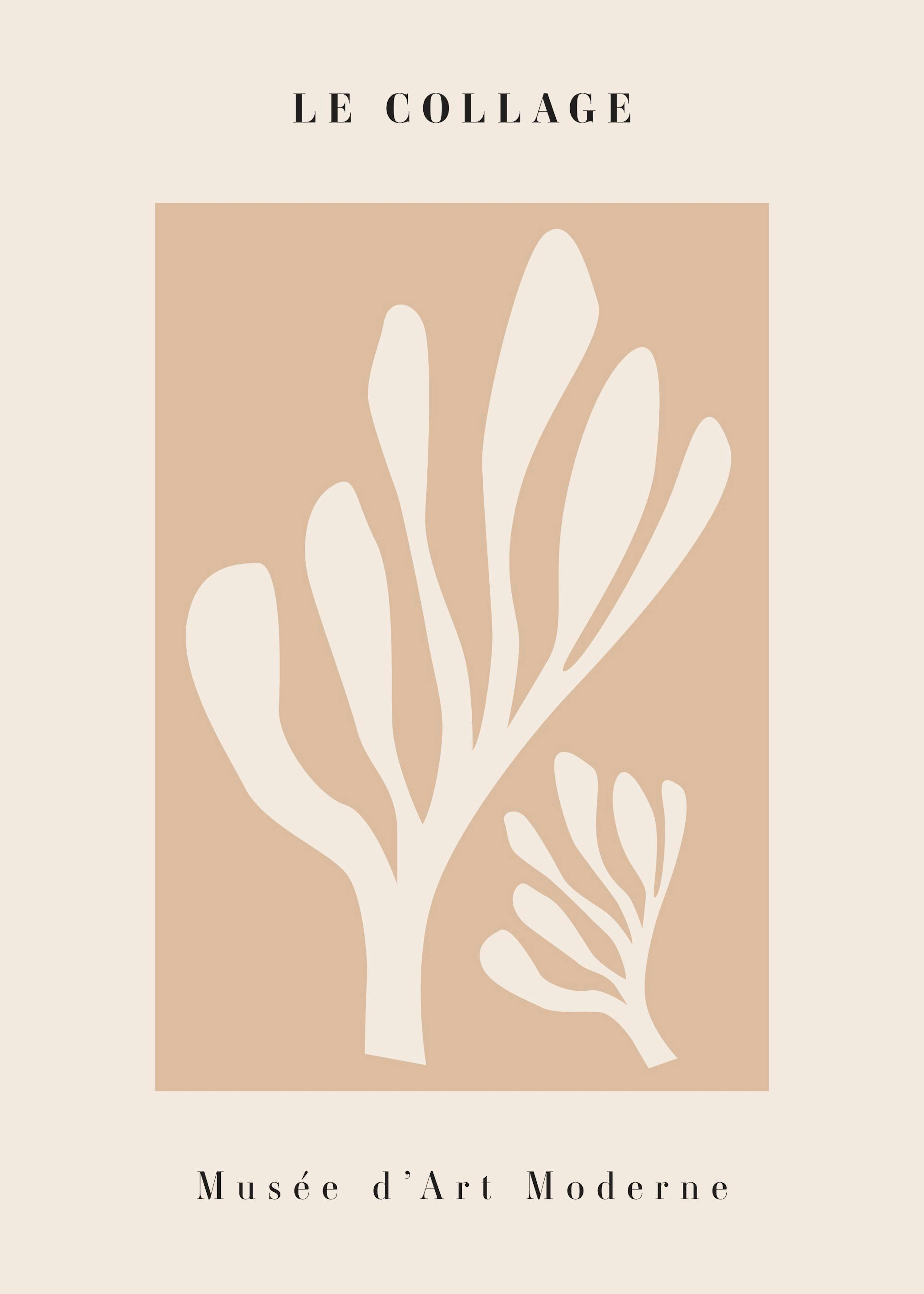 A minimalist abstract print with white organic seaweed shapes on a beige background, hanging above a light beige armchair.