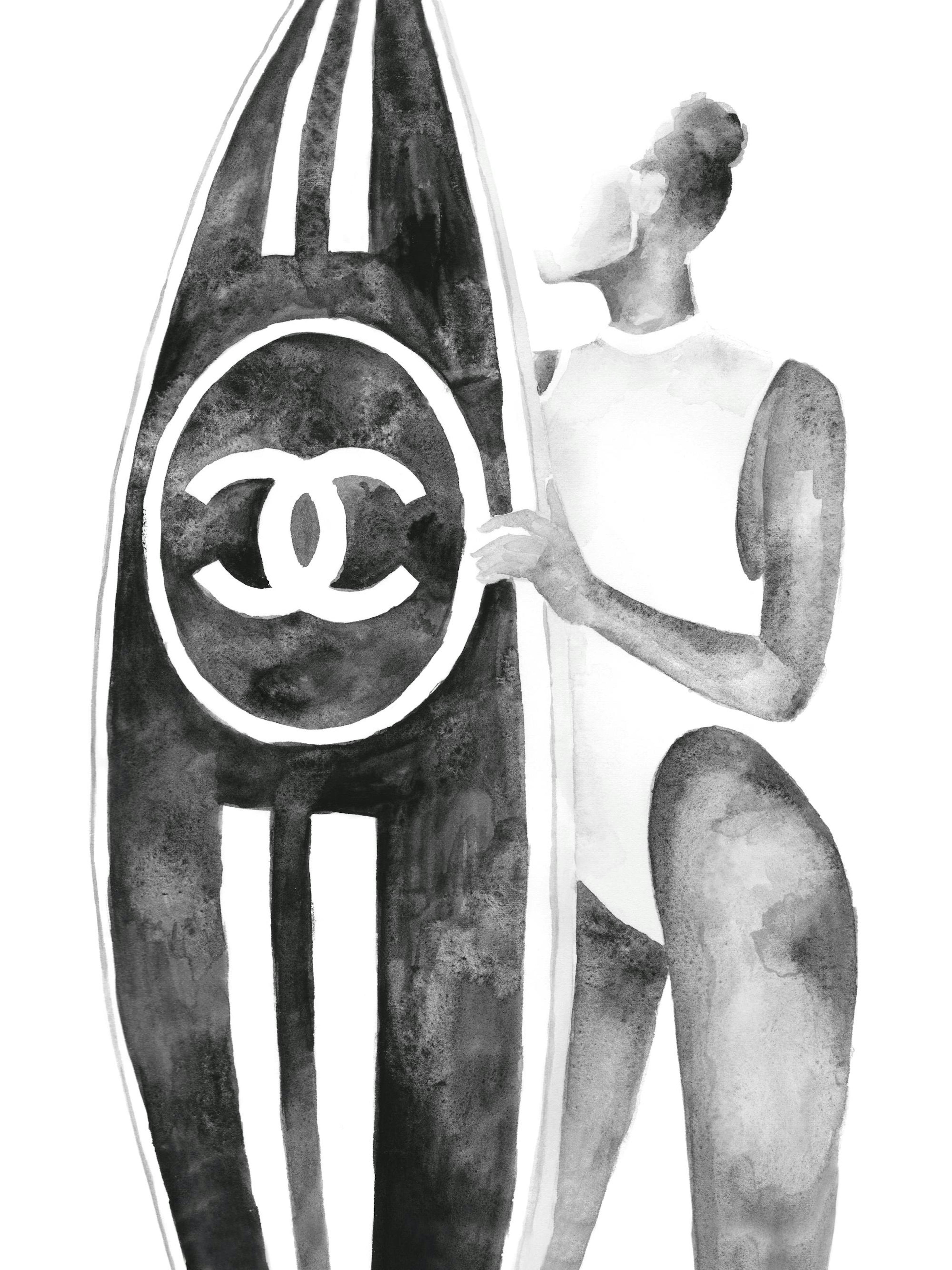 Grey watercolour illustration of a woman in a swimsuit holding a surfboard with a Chanel logo, a fashion print.