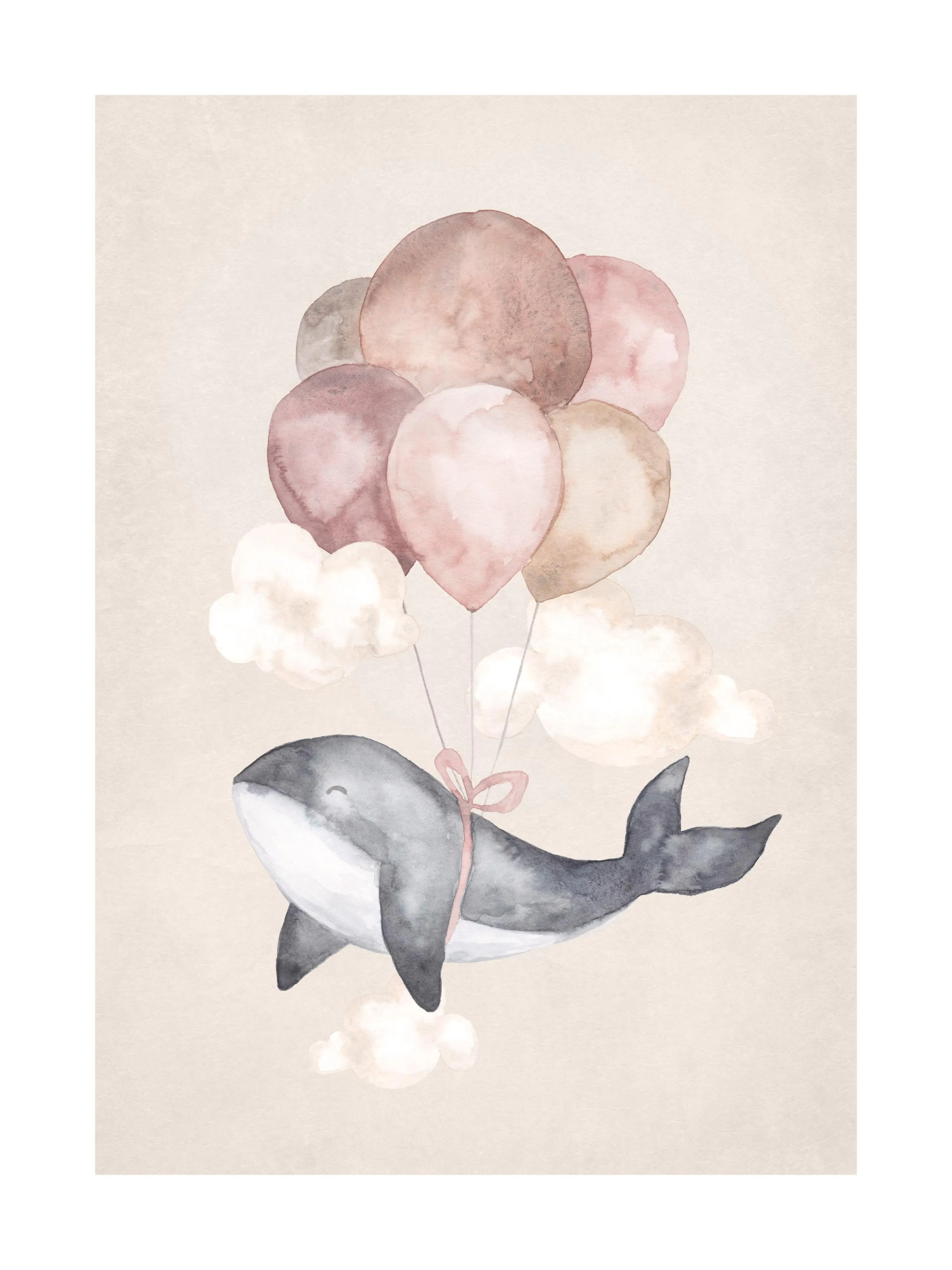 Affiche dune baleine grise avec des ballons roses et beiges, flottant parmi les nuages, en aquarelle
