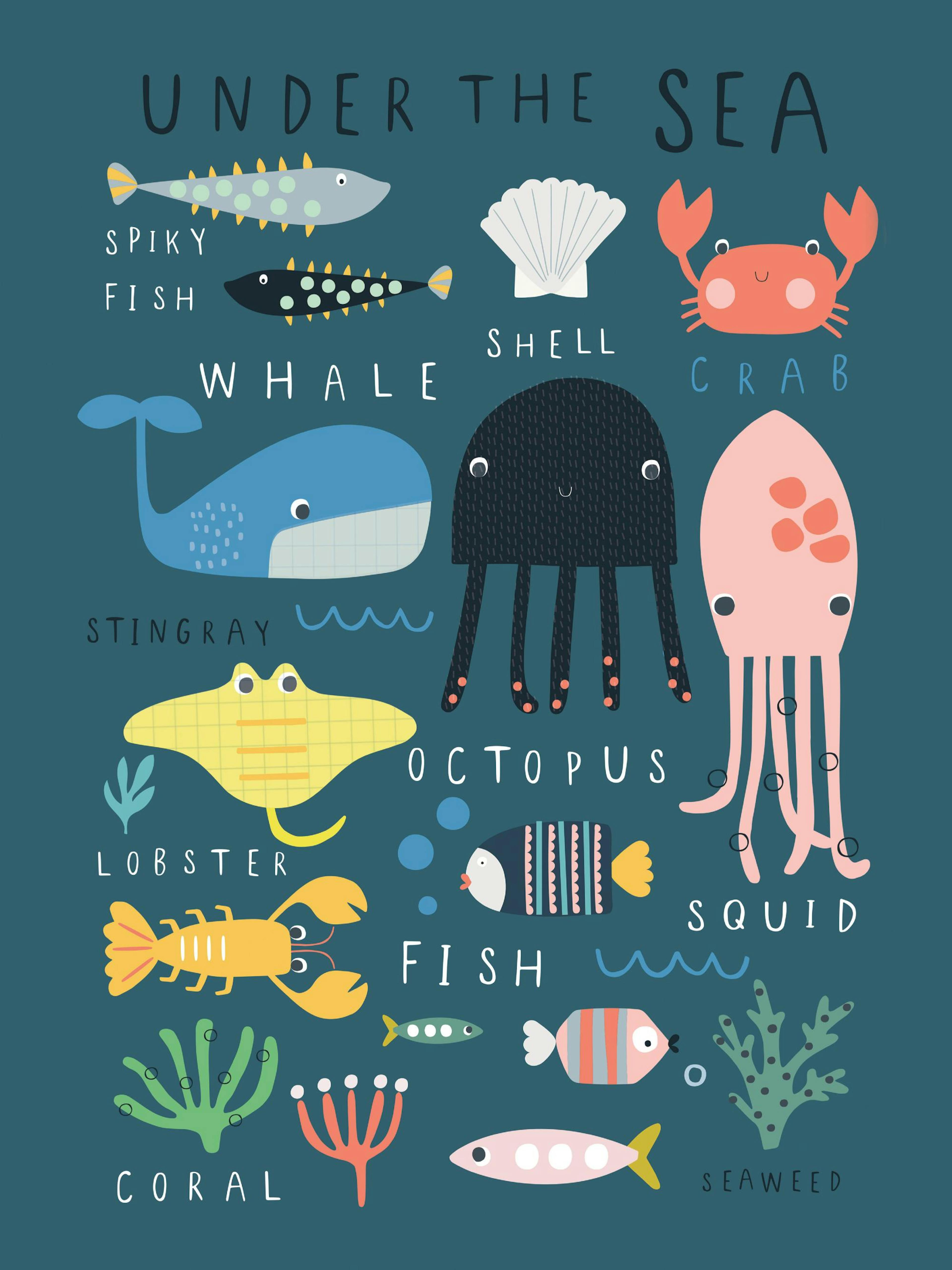 Grafisk plakat med tegneserie-havdyr og planter, inklusiv hval, krabbe, blæksprutte og fisk, med engelske navne på grønblå baggr