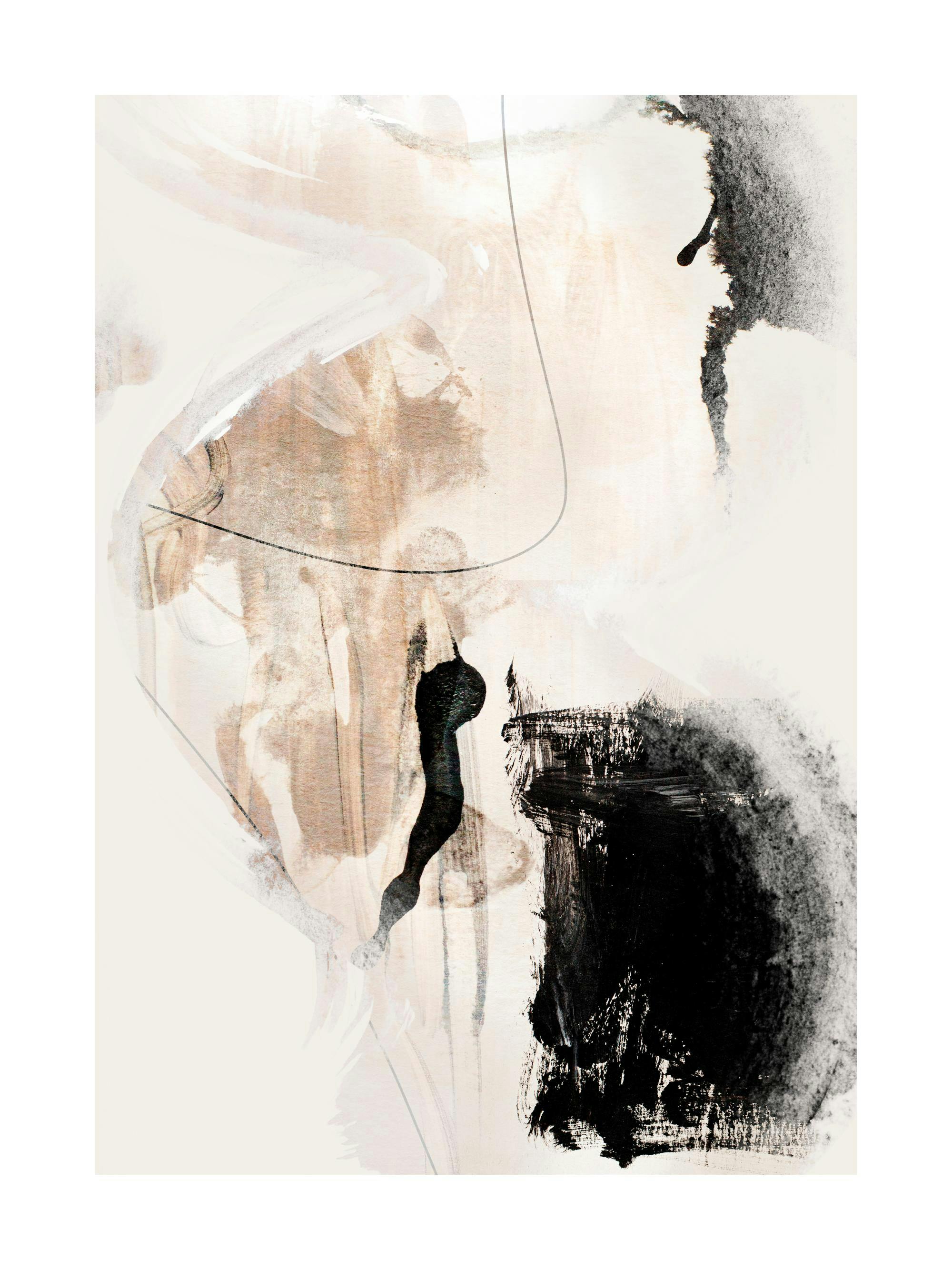 Abstrakt målning med svarta och beiga former på en ljus bakgrund, med penseldrag och linjer som skapar en dynamisk komposition.