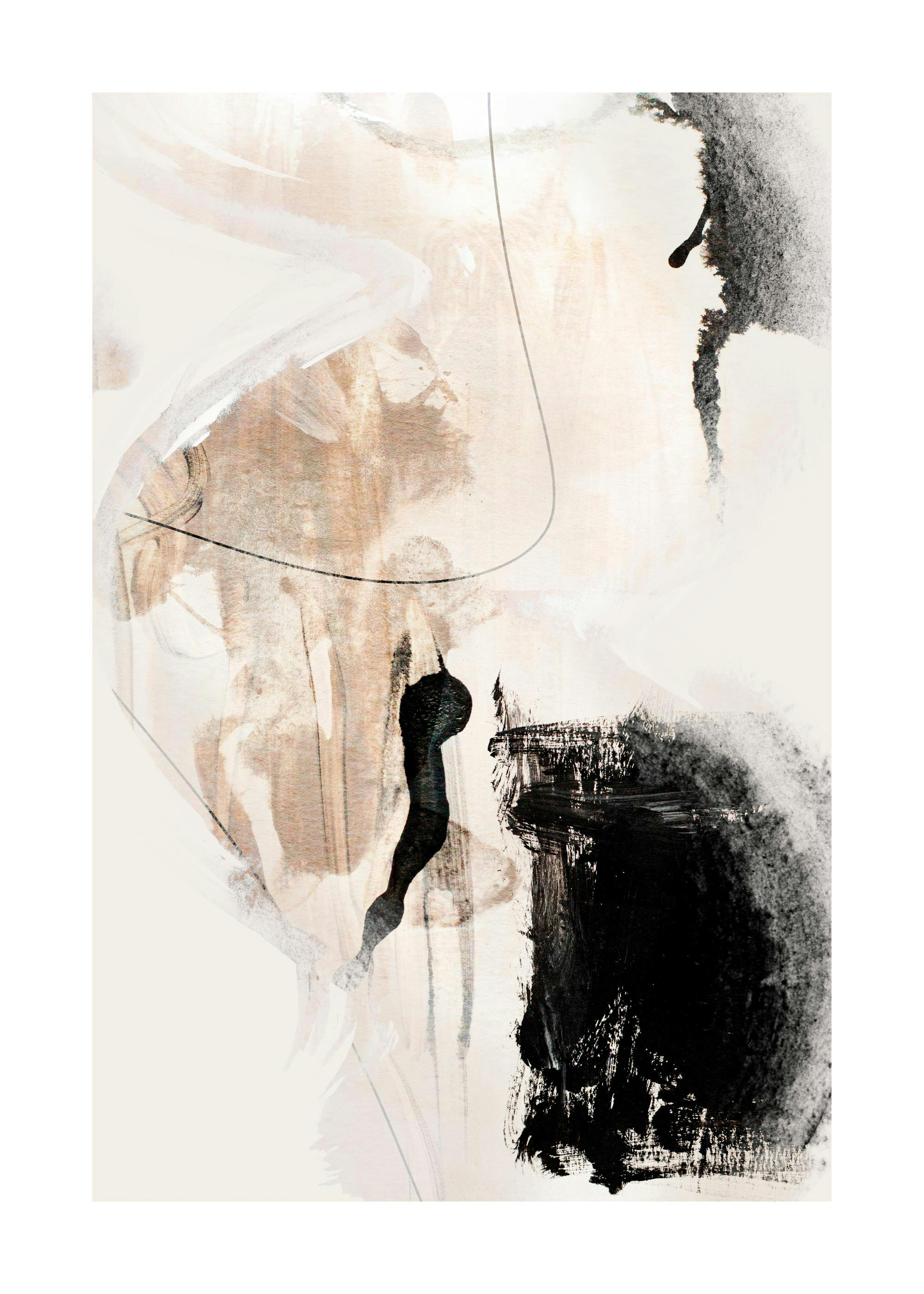 Abstract painting poster with beige and black shapes on a light background, featuring brushstrokes and thin lines