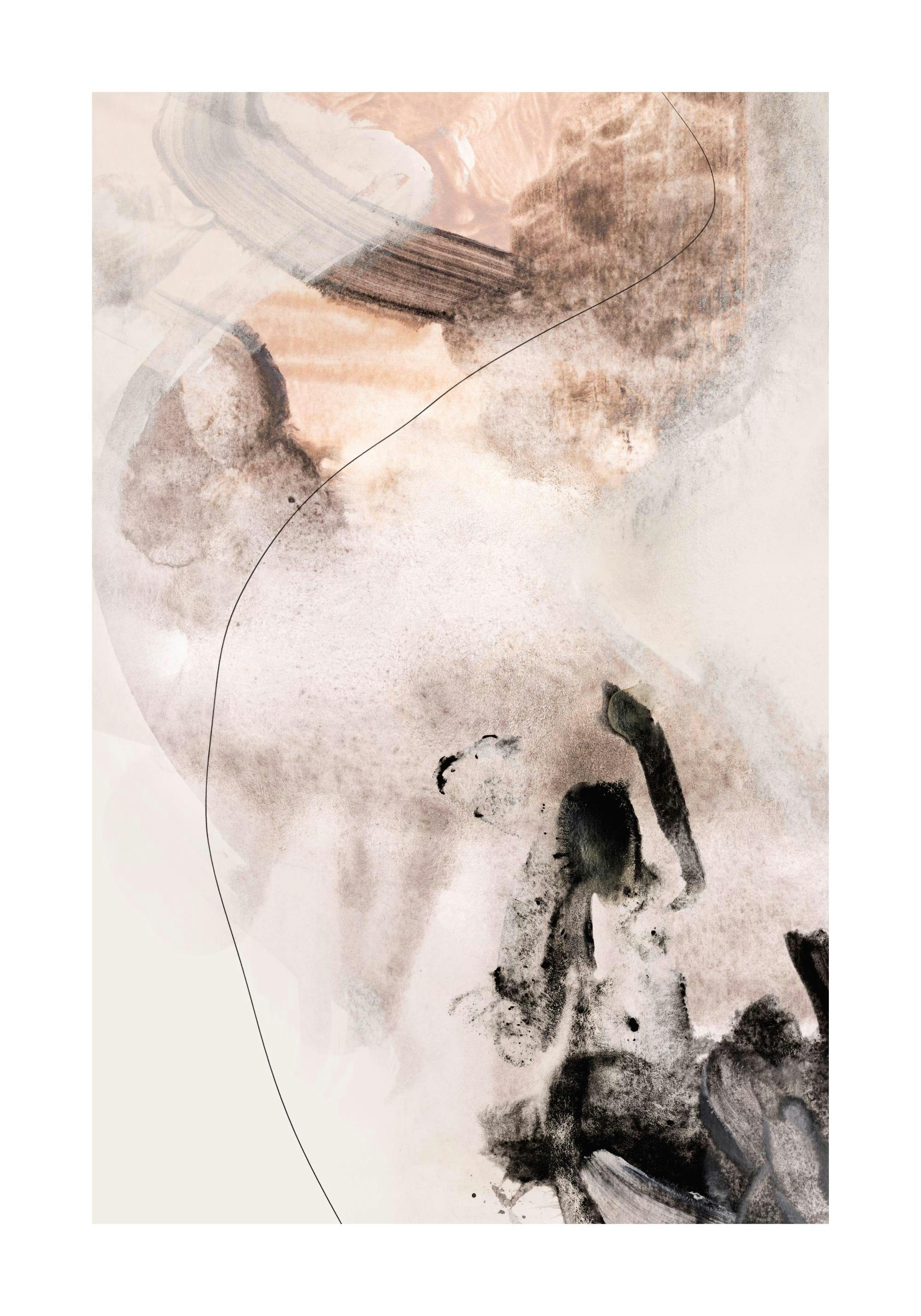 Abstrakt konstposter med svarta och beiga former, texturer och tunna linjer på en ljus bakgrund. Detaljrik abstrakt målning.