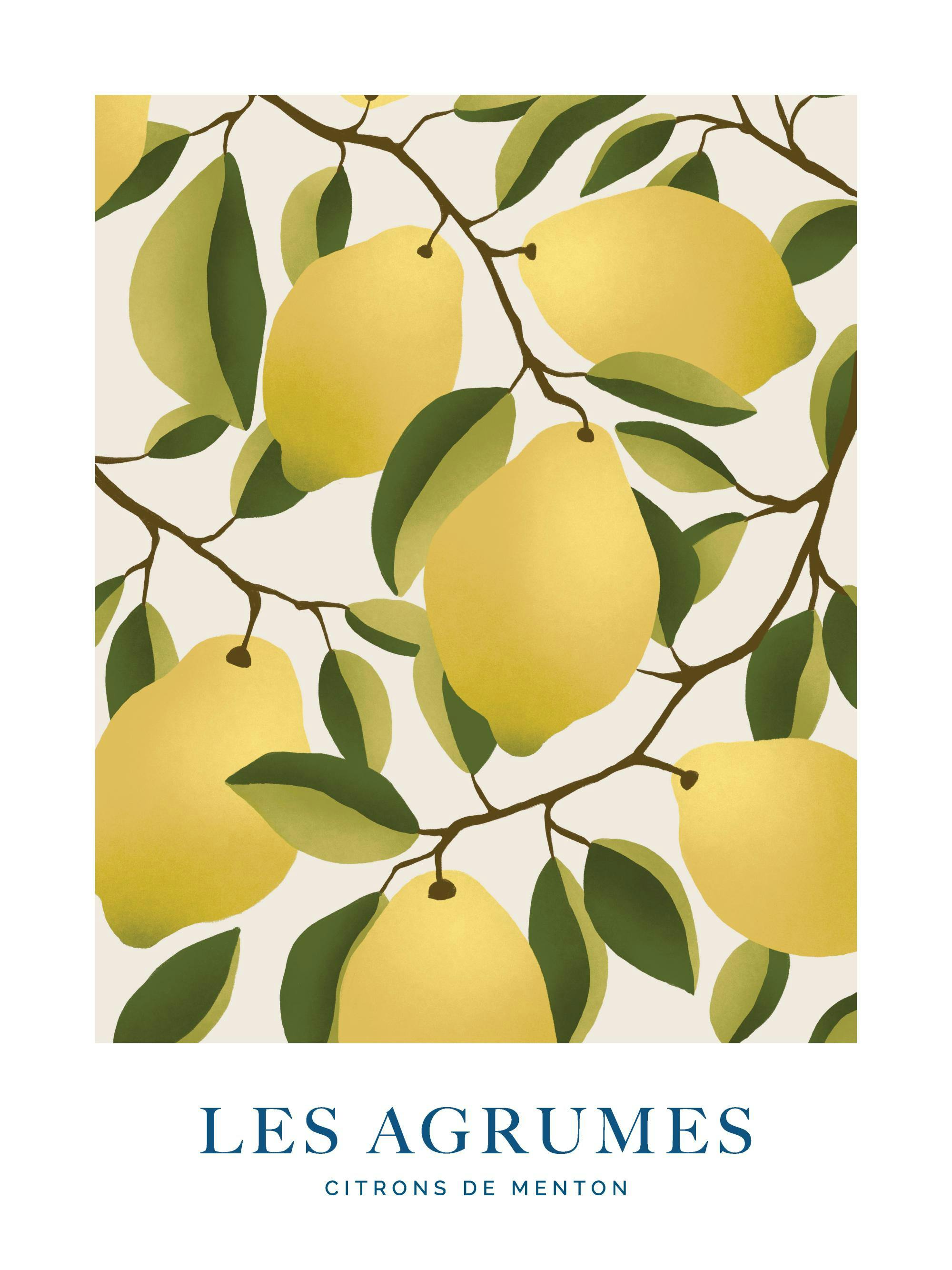 Affisch med illustration av citrongrenar, gula citroner och gröna blad mot en ljusbeige bakgrund. Kökskonst, fruktmotiv.
