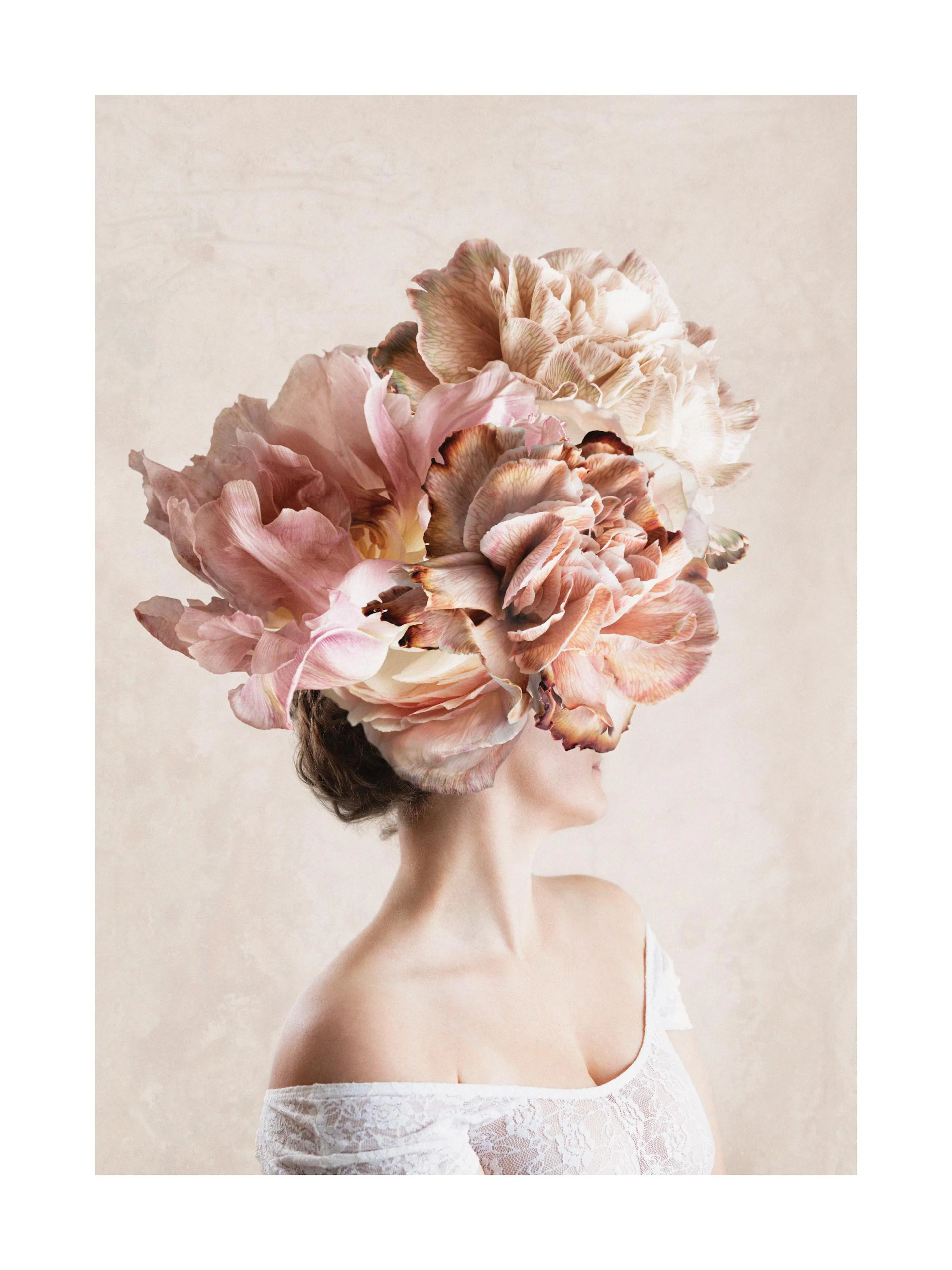Poster of a woman with large pink flowers covering her head, wearing a white lace top, against a beige background.