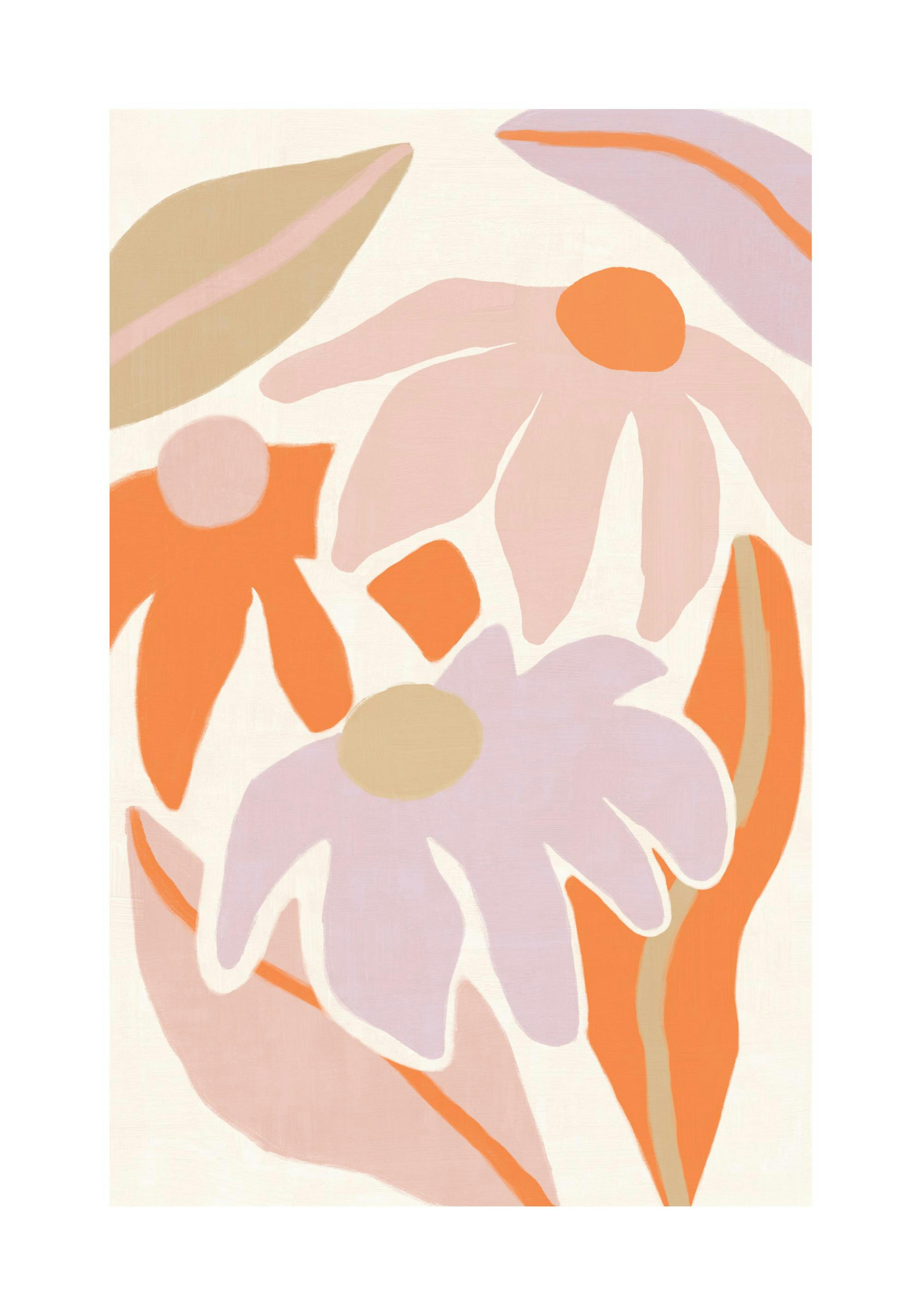 Abstract flower print with pink, orange, and purple blooms and leaves on a light background. Vibrant poster.