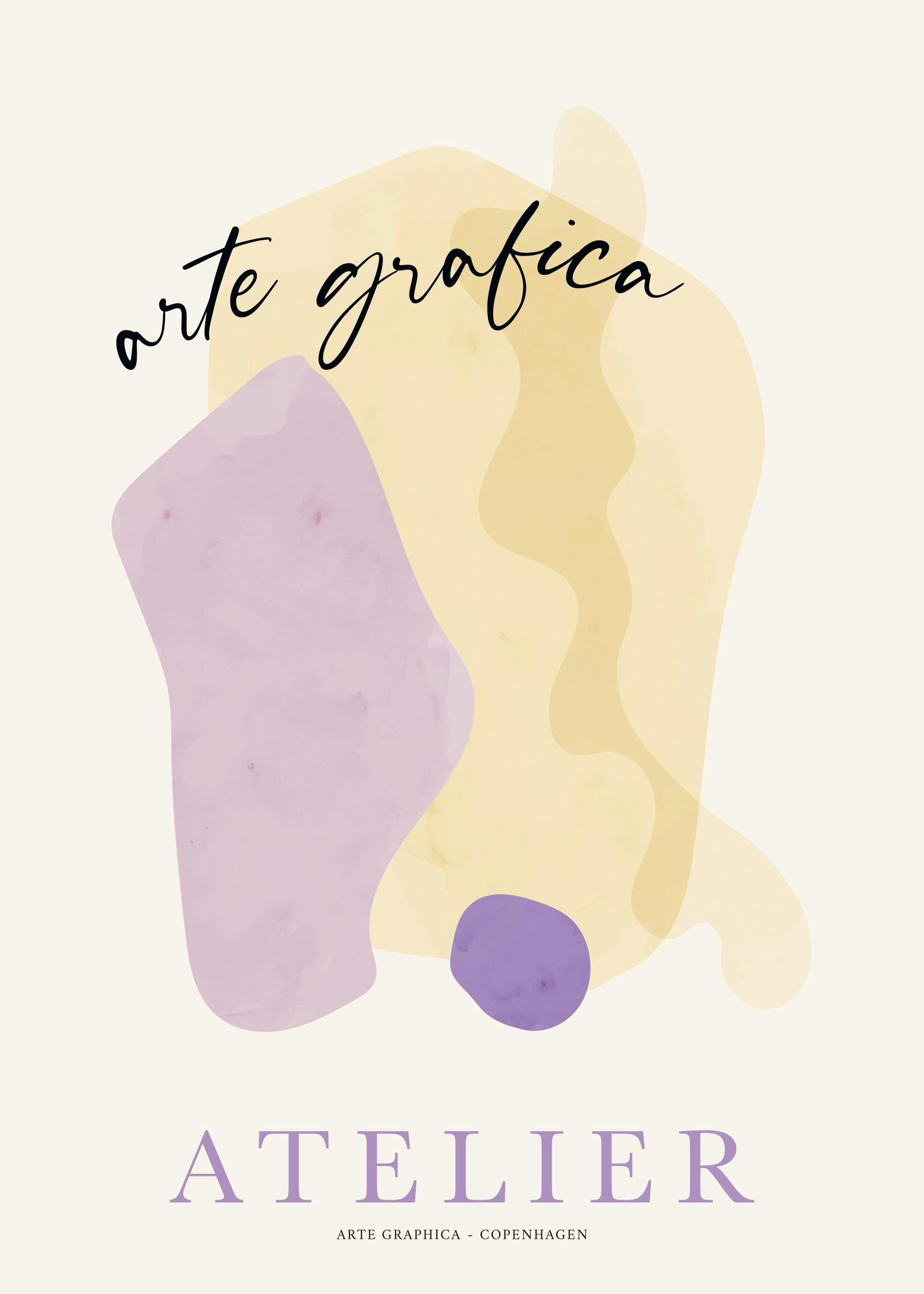 Affiche Atelier Art No2 avec des formes abstraites jaunes et violettes et du texte typographie noir sur fond clair.
