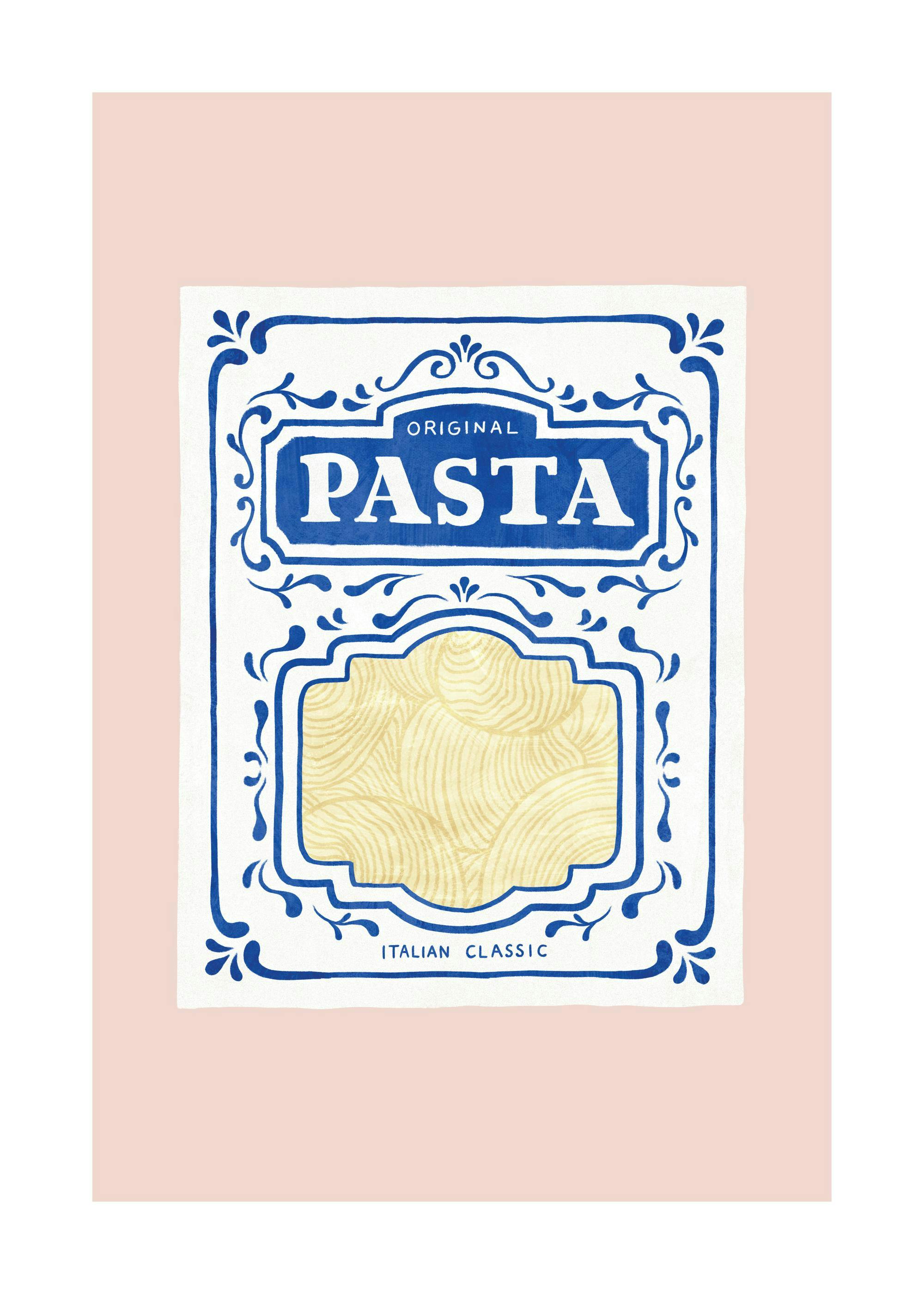 Retro-inspired pasta poster, blue and white pasta package with Italian classic design on a pink background.